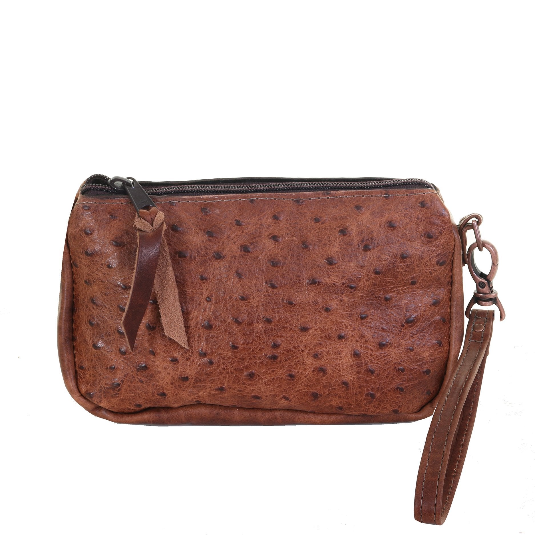 MPG76 - Vintage Cognac Ostrich Makeup Pouch - Double J Saddlery