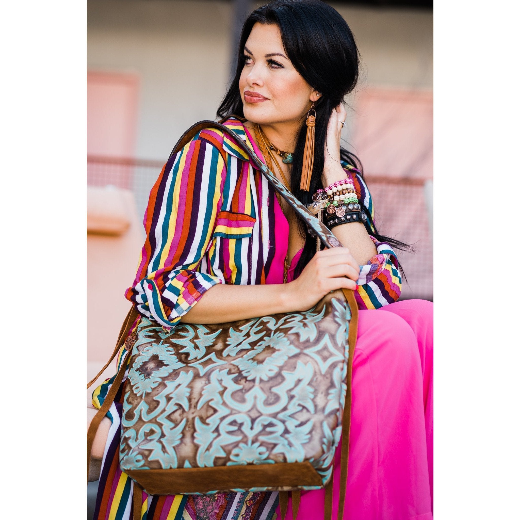 MST37 - Turquoise/Brown Laredo Messenger Tote - Double J Saddlery