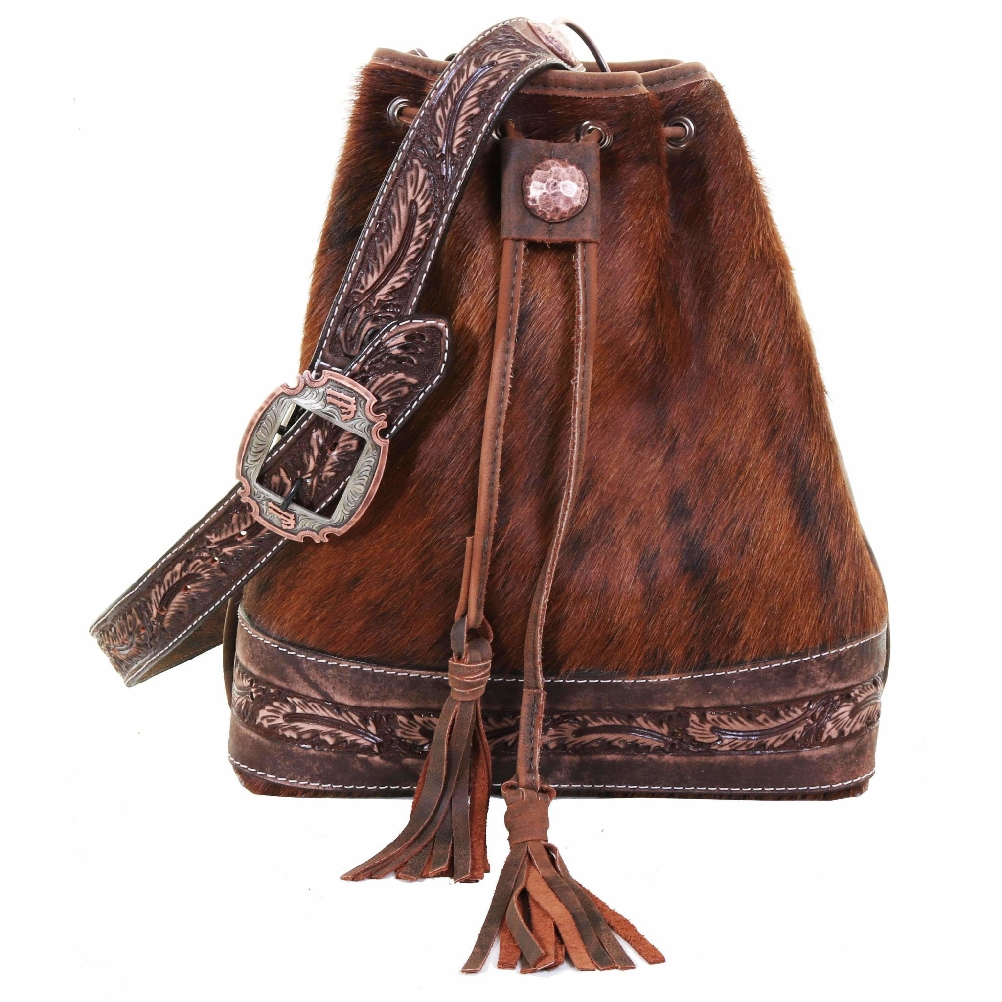 MST43 - Brindle Cowhide Drawstring Messenger Tote - Double J Saddlery