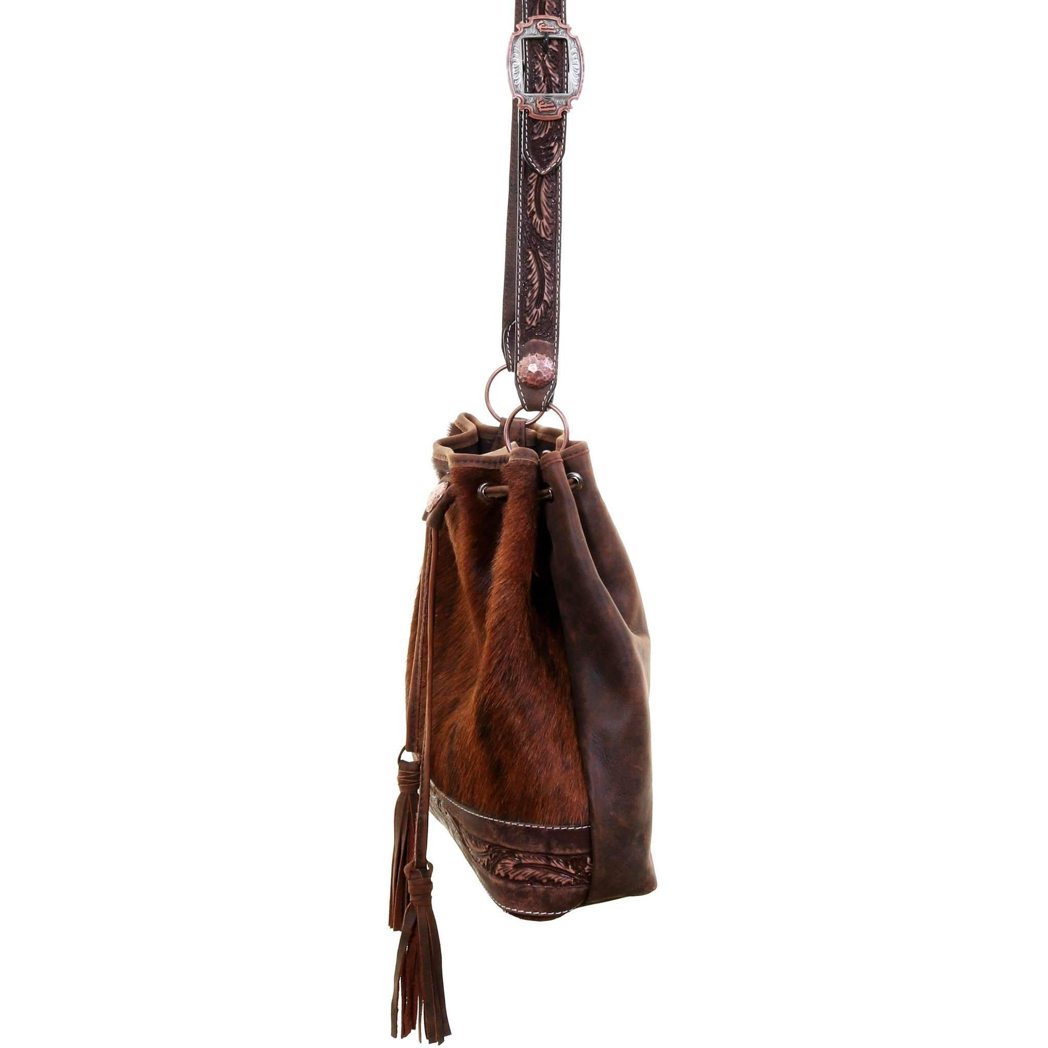 MST43 - Brindle Cowhide Drawstring Messenger Tote - Double J Saddlery