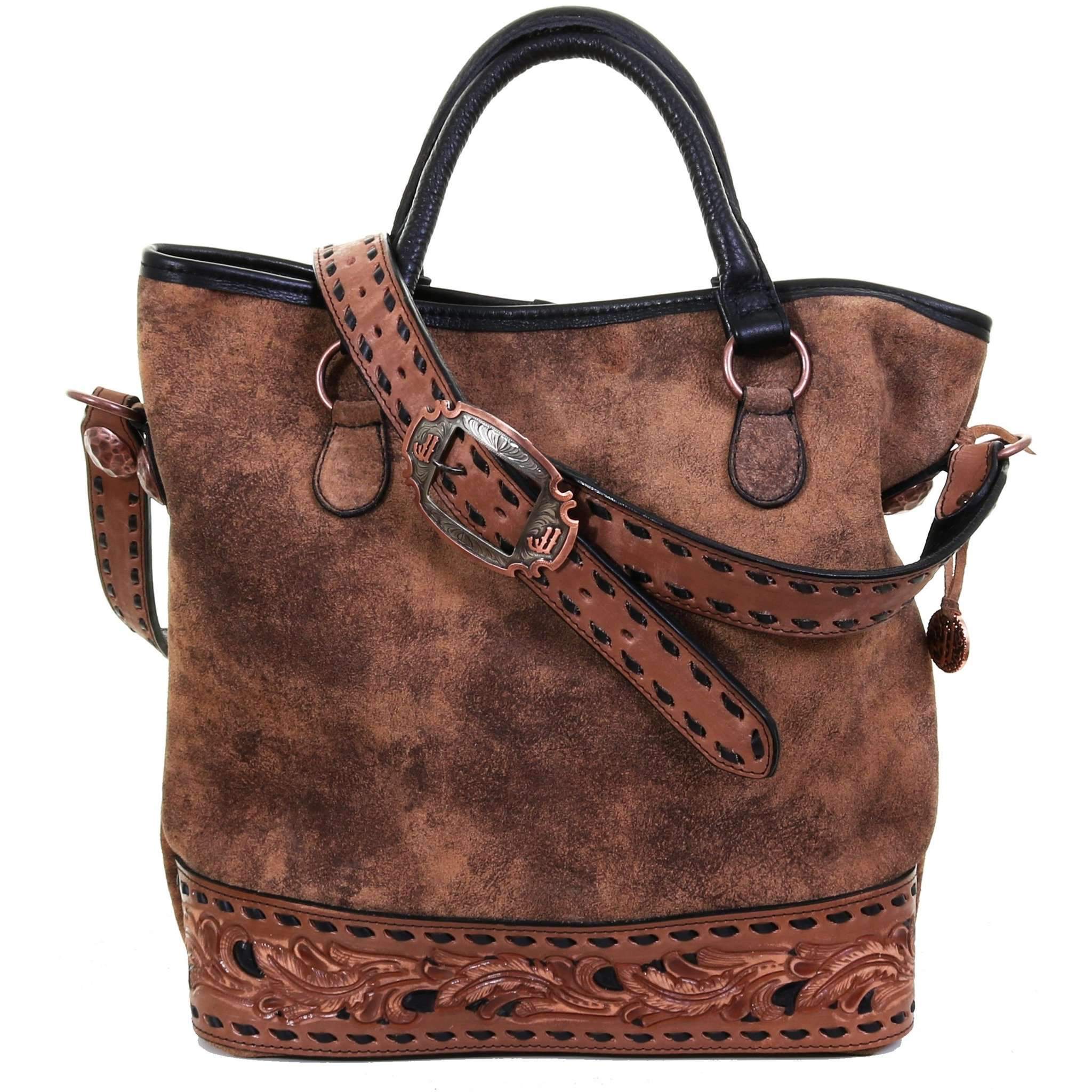 MST45 - Pecan Vintage Tooled Buck Stitched Messenger Tote - Double J Saddlery