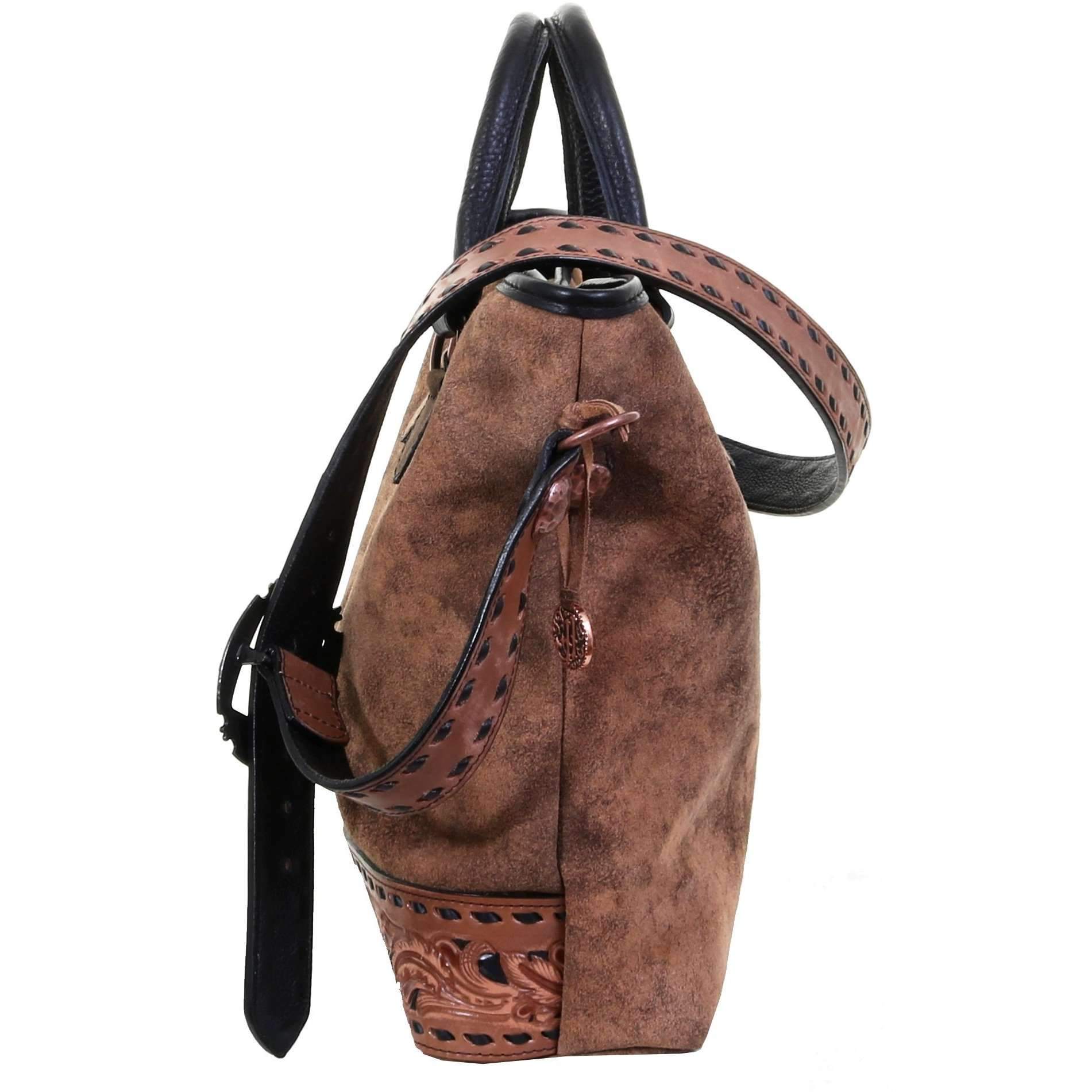 MST45 - Pecan Vintage Tooled Buck Stitched Messenger Tote - Double J Saddlery
