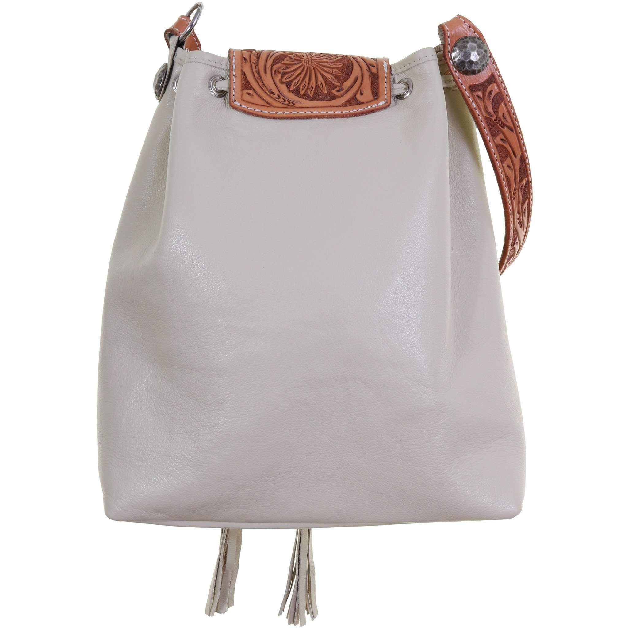 MST46 - Egg Shell Daisy Tooled Drawstring Messenger Tote - Double J Saddlery