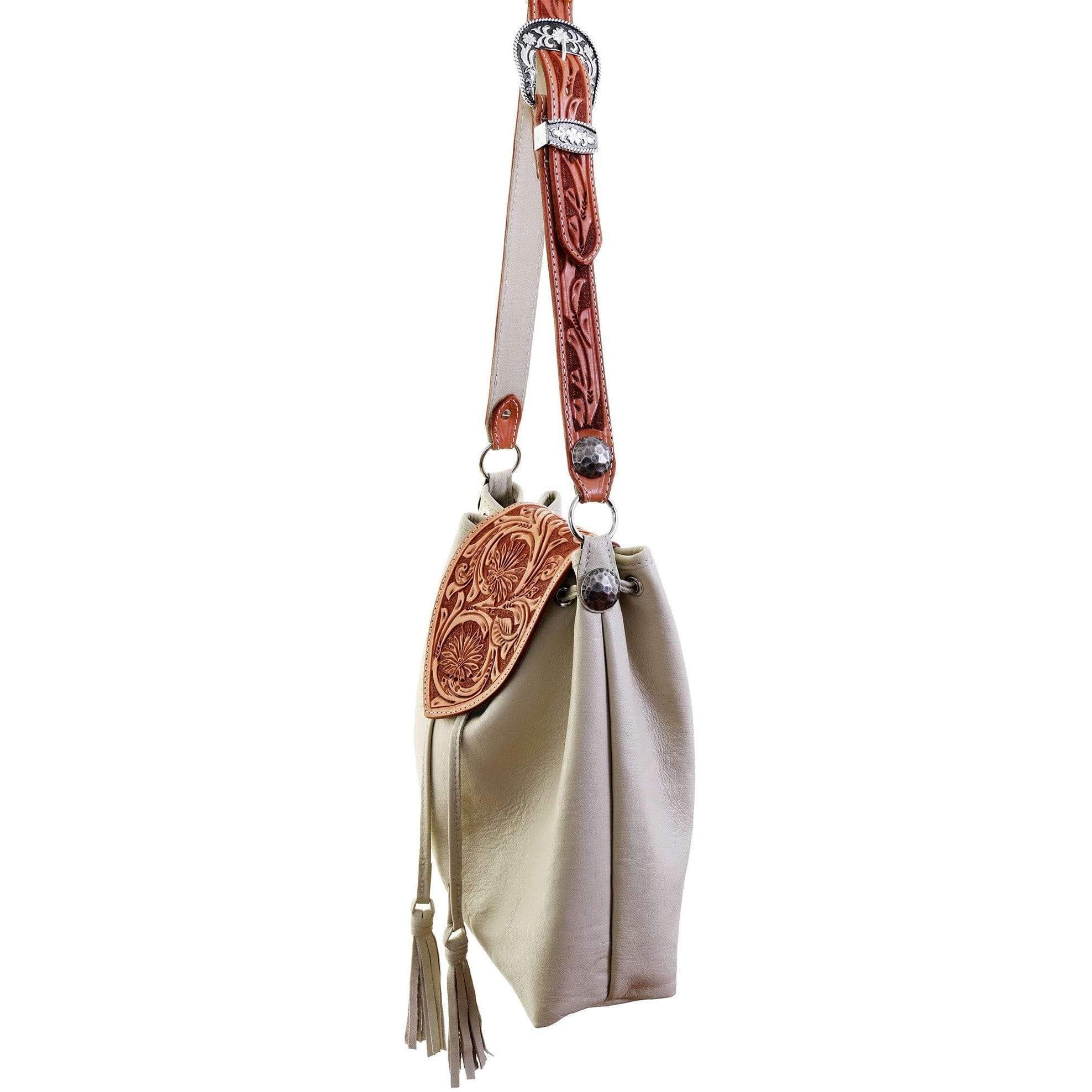 MST46 - Egg Shell Daisy Tooled Drawstring Messenger Tote - Double J Saddlery