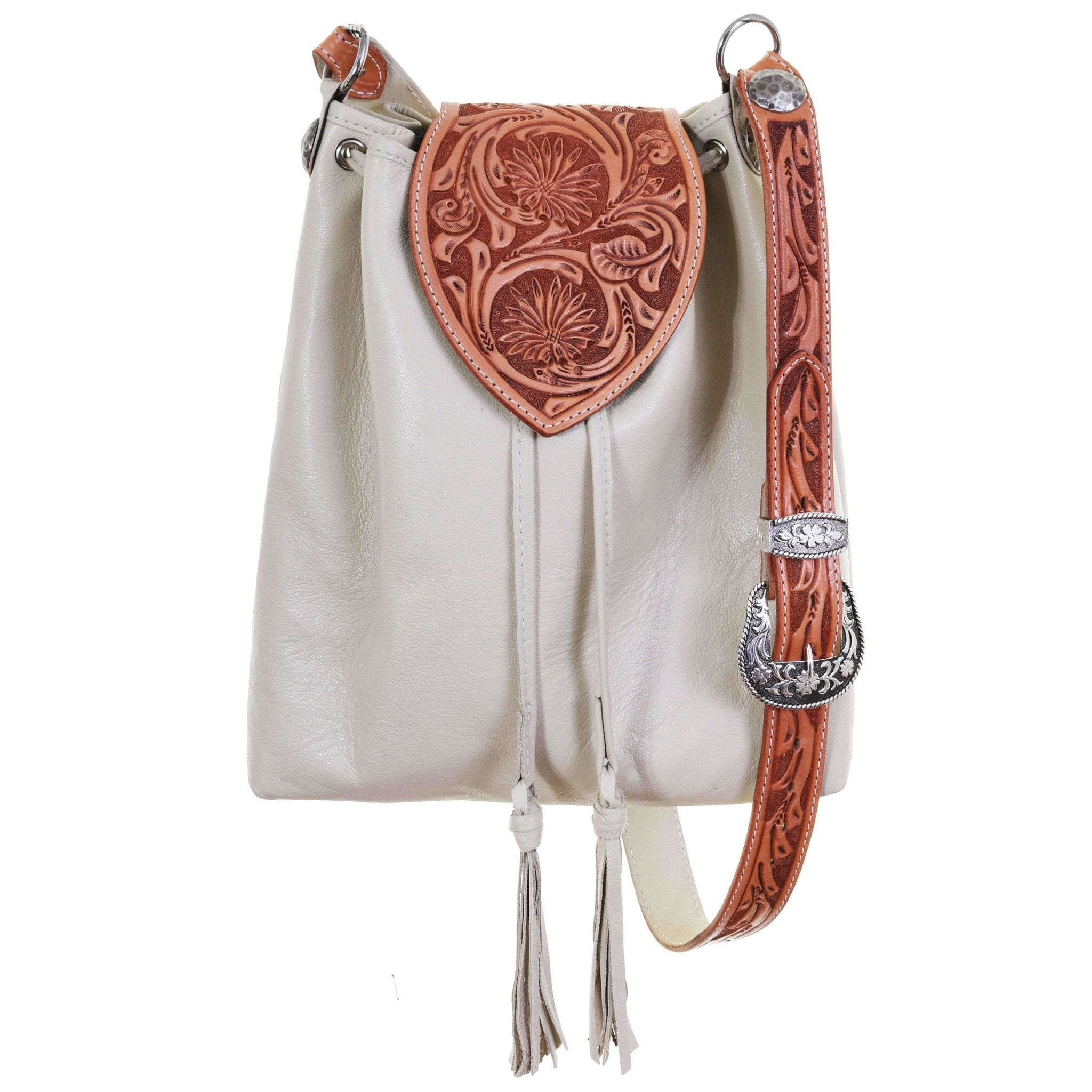 MST46 - Egg Shell Daisy Tooled Drawstring Messenger Tote - Double J Saddlery