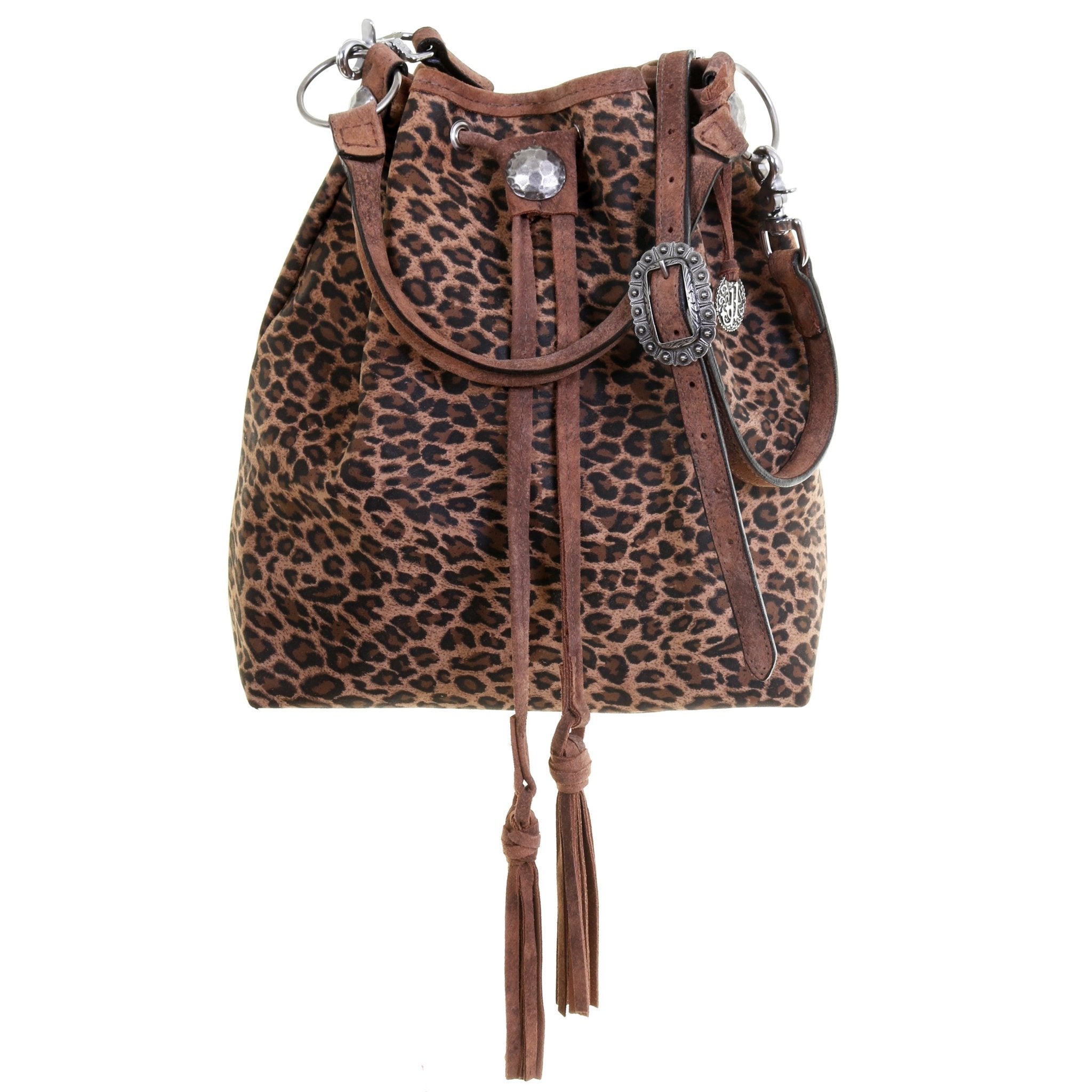 MST58 - Cheetah Tan Suede Print Drawstring Messenger Tote - Double J Saddlery