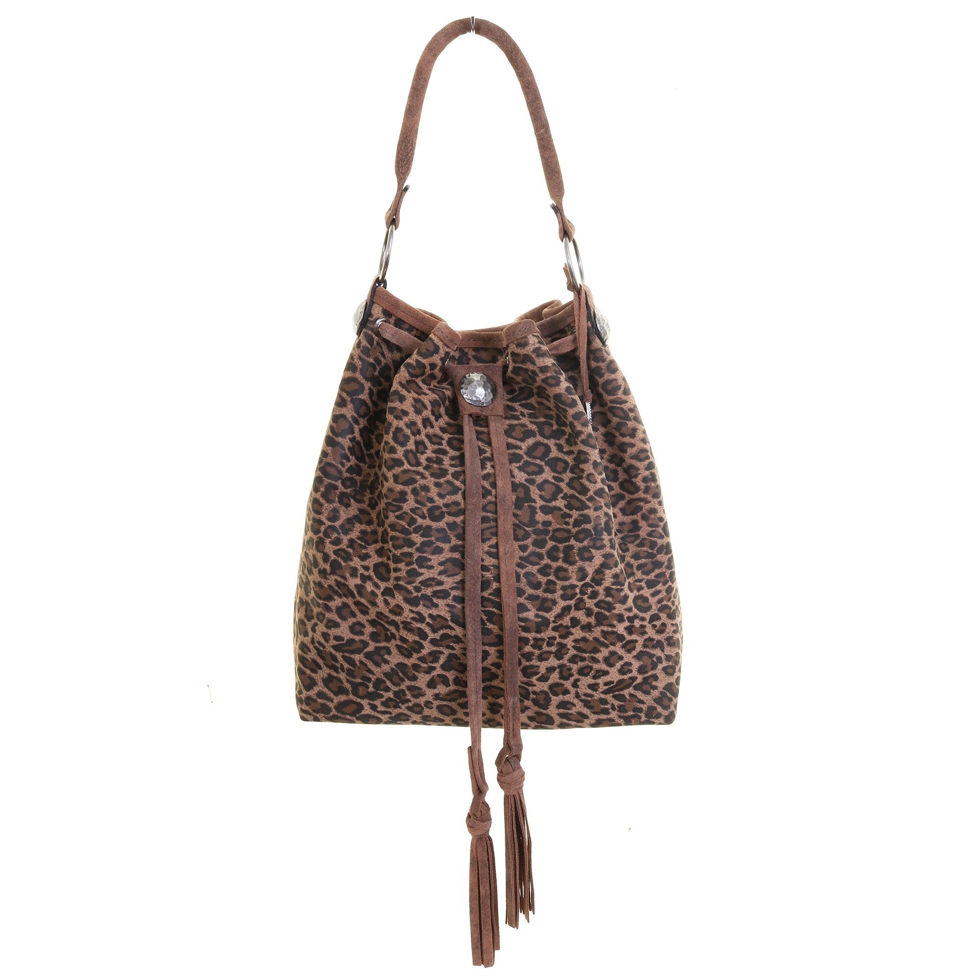 MST58 - Cheetah Tan Suede Print Drawstring Messenger Tote - Double J Saddlery