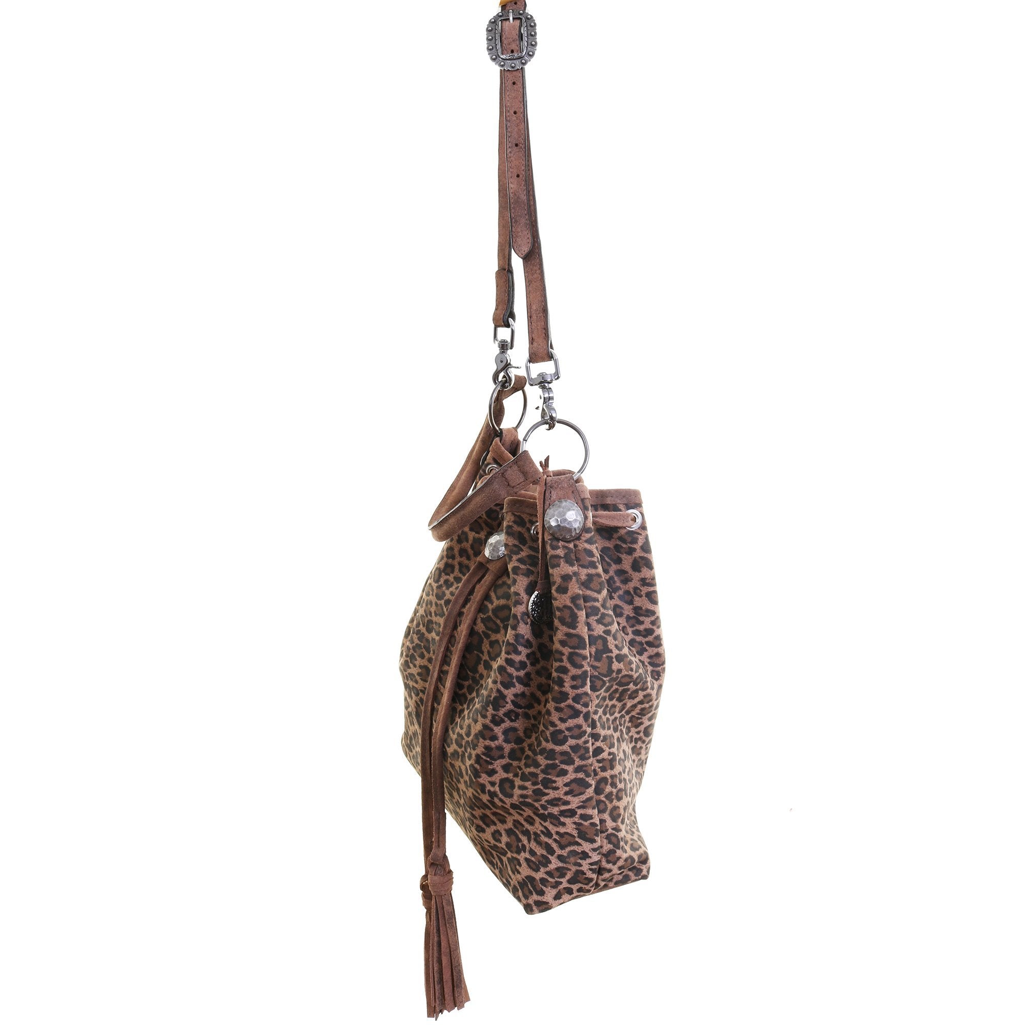 MST58 - Cheetah Tan Suede Print Drawstring Messenger Tote - Double J Saddlery