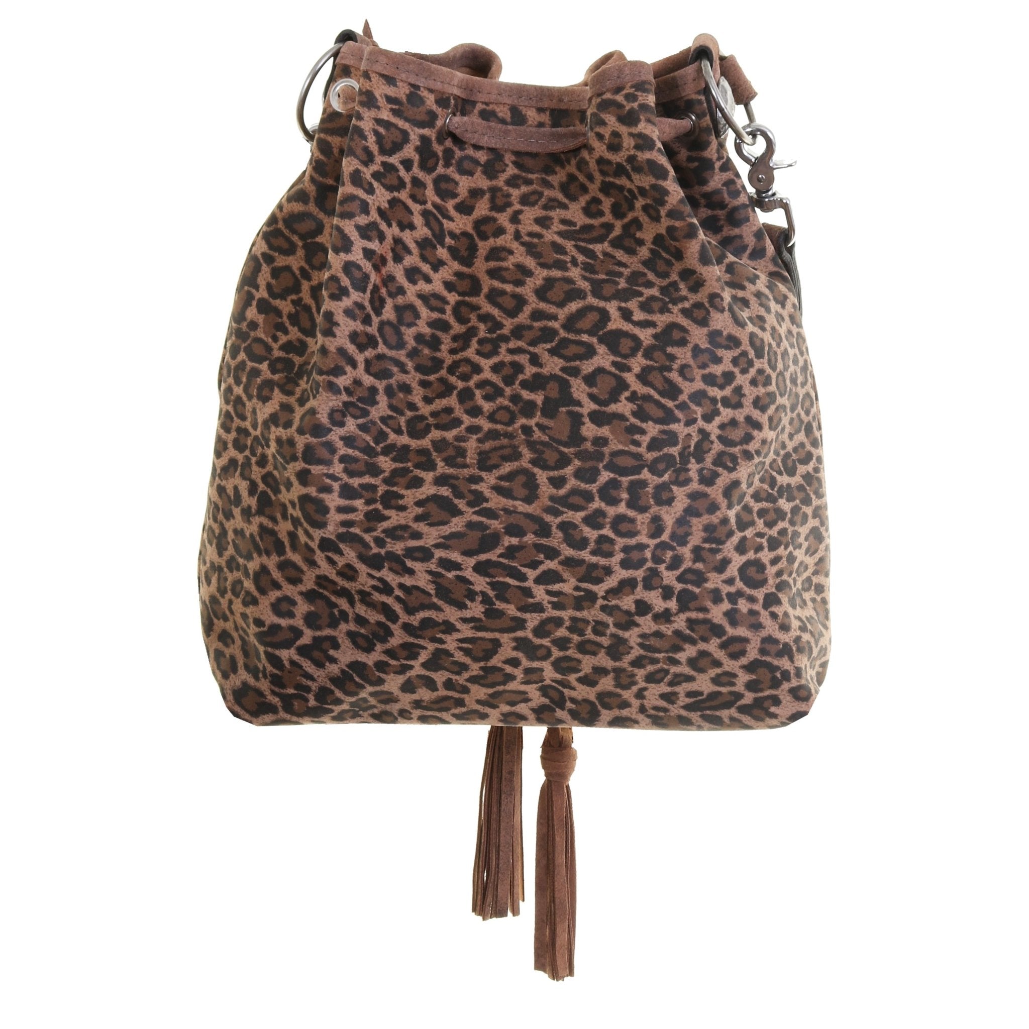 MST58 - Cheetah Tan Suede Print Drawstring Messenger Tote - Double J Saddlery