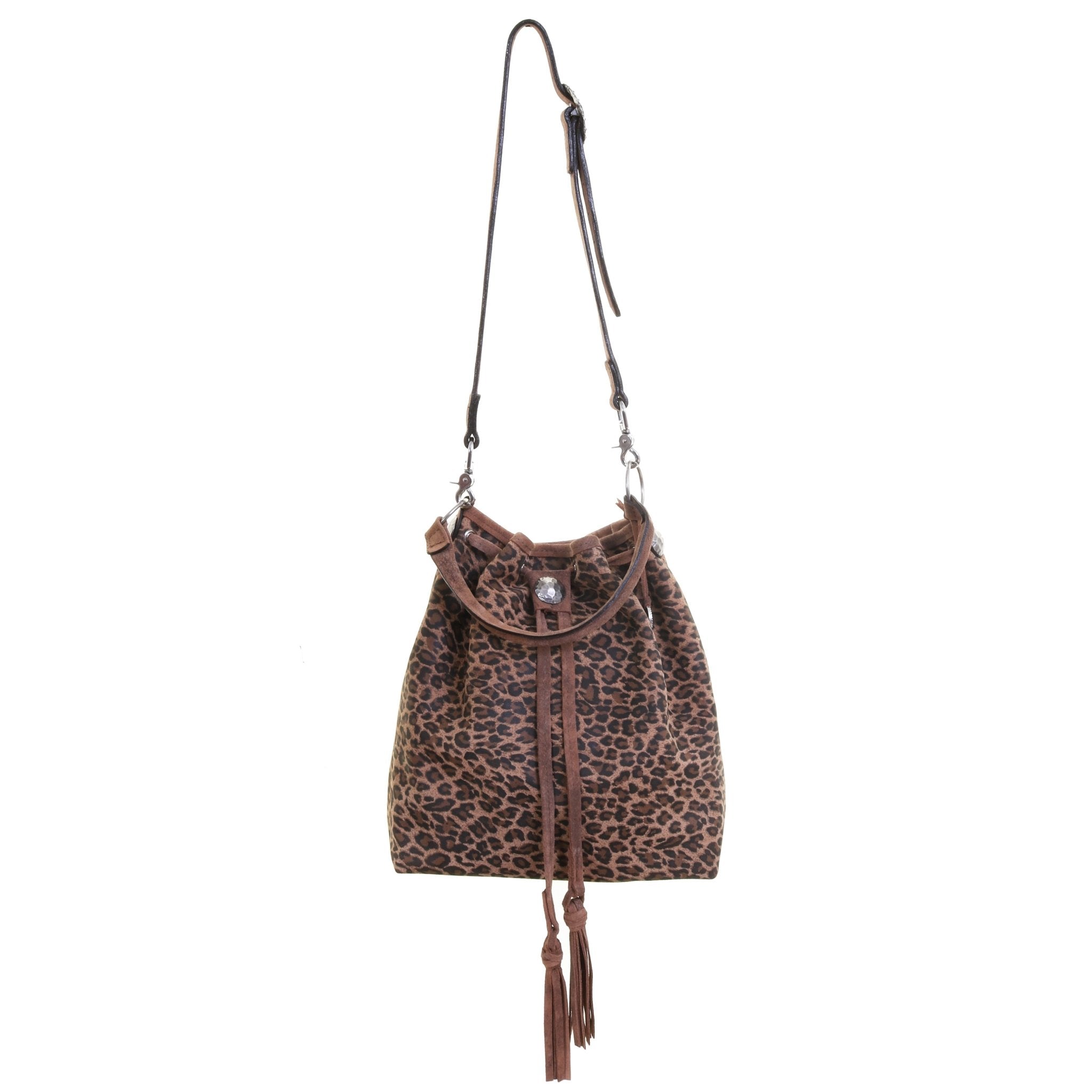 MST58 - Cheetah Tan Suede Print Drawstring Messenger Tote - Double J Saddlery