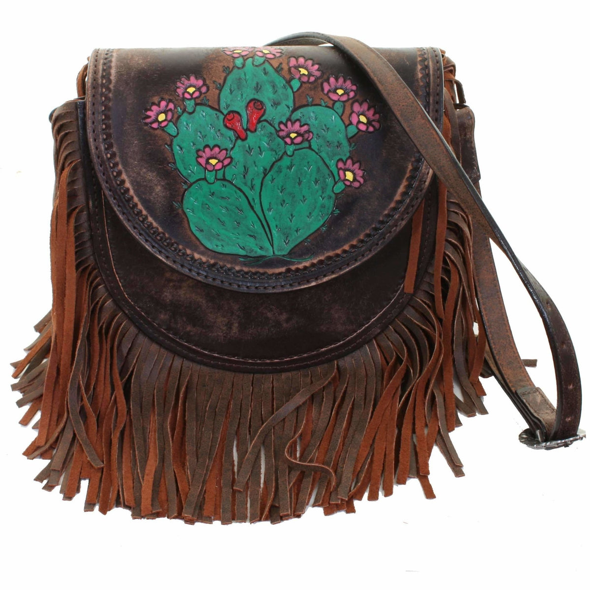 SB25 - Prickly Pear Cactus Tooled and Painted Saddle Bag