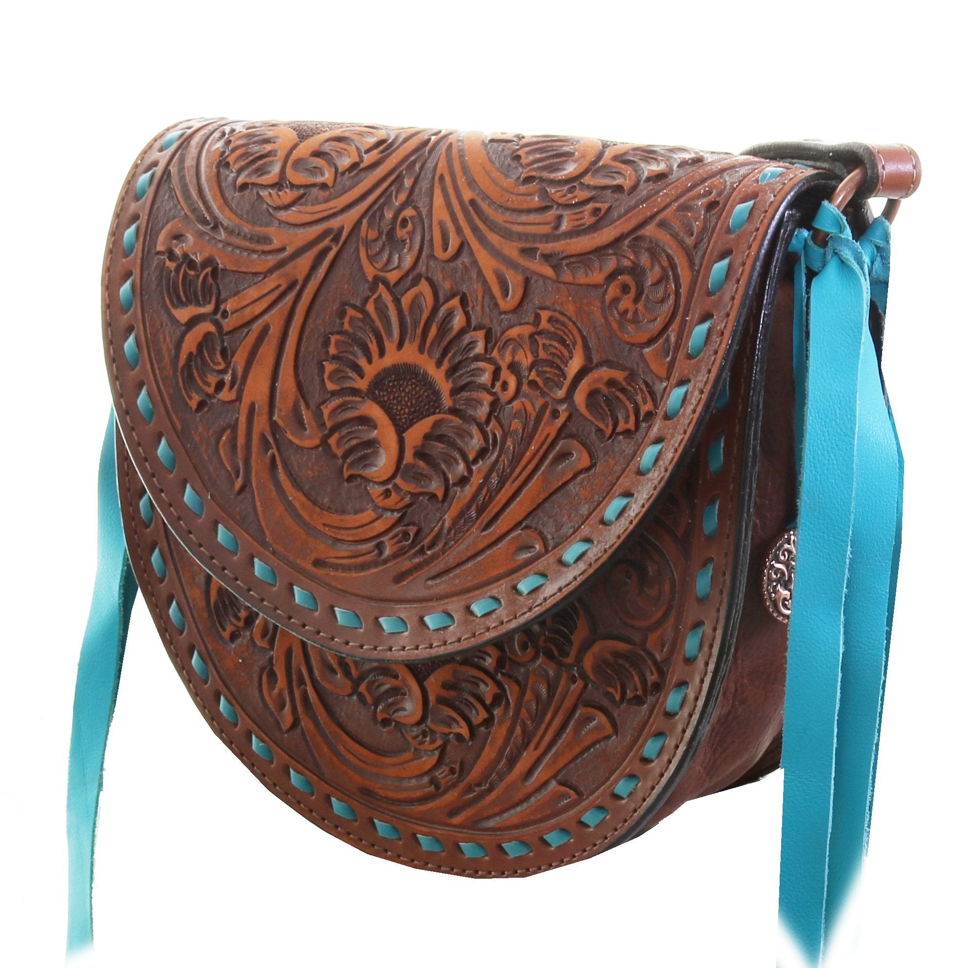 SB27 - Sunflower Tooled Walnut Vintage Saddle Bag - Double J Saddlery