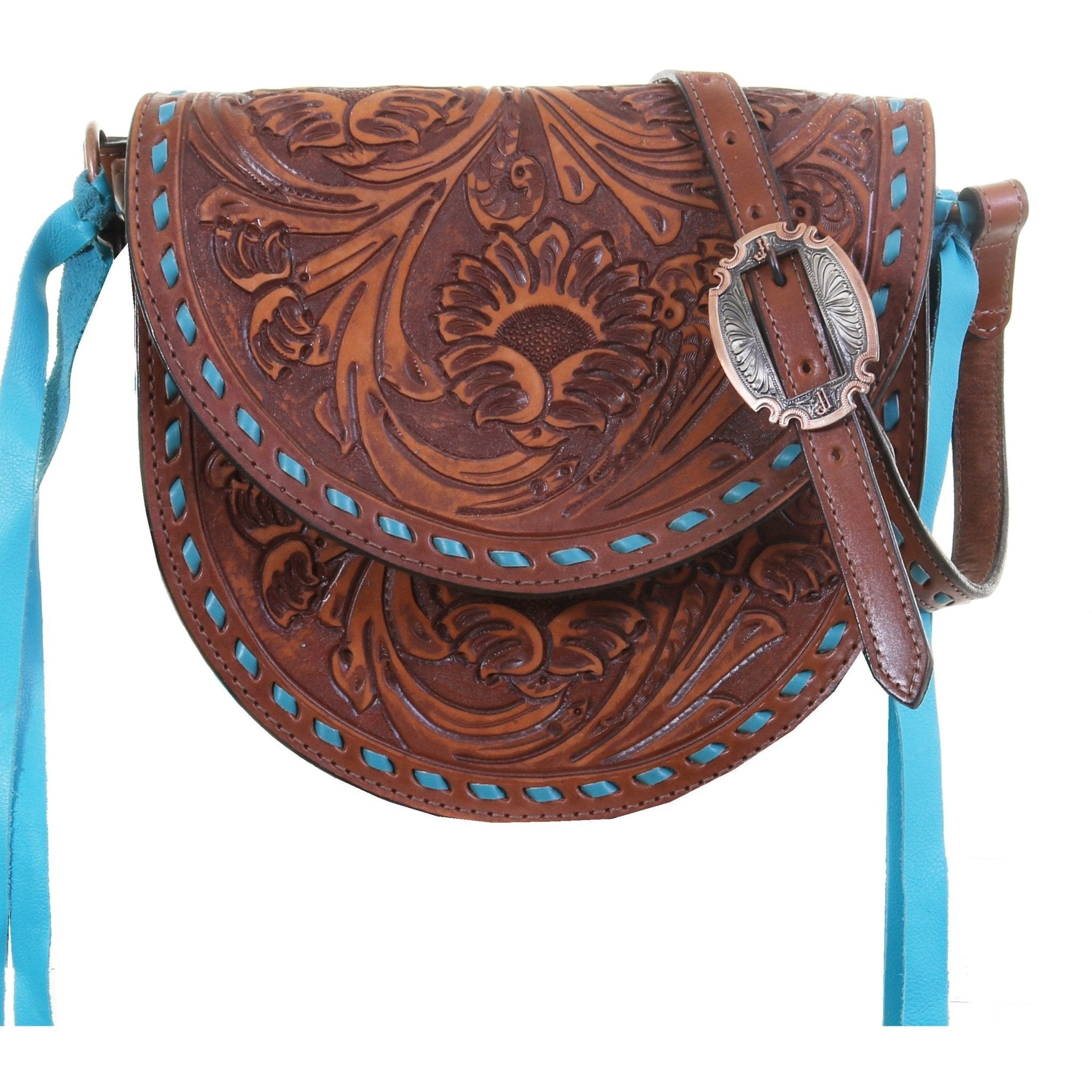 SB27 - Sunflower Tooled Walnut Vintage Saddle Bag - Double J Saddlery