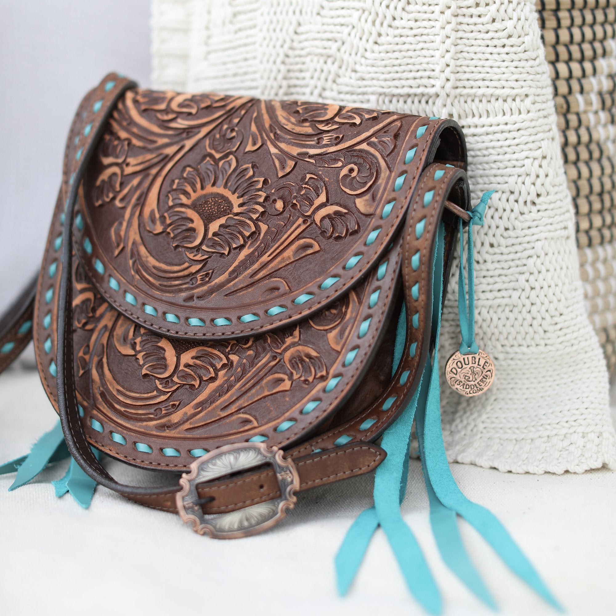 SB27 - Sunflower Tooled Walnut Vintage Saddle Bag - Double J Saddlery