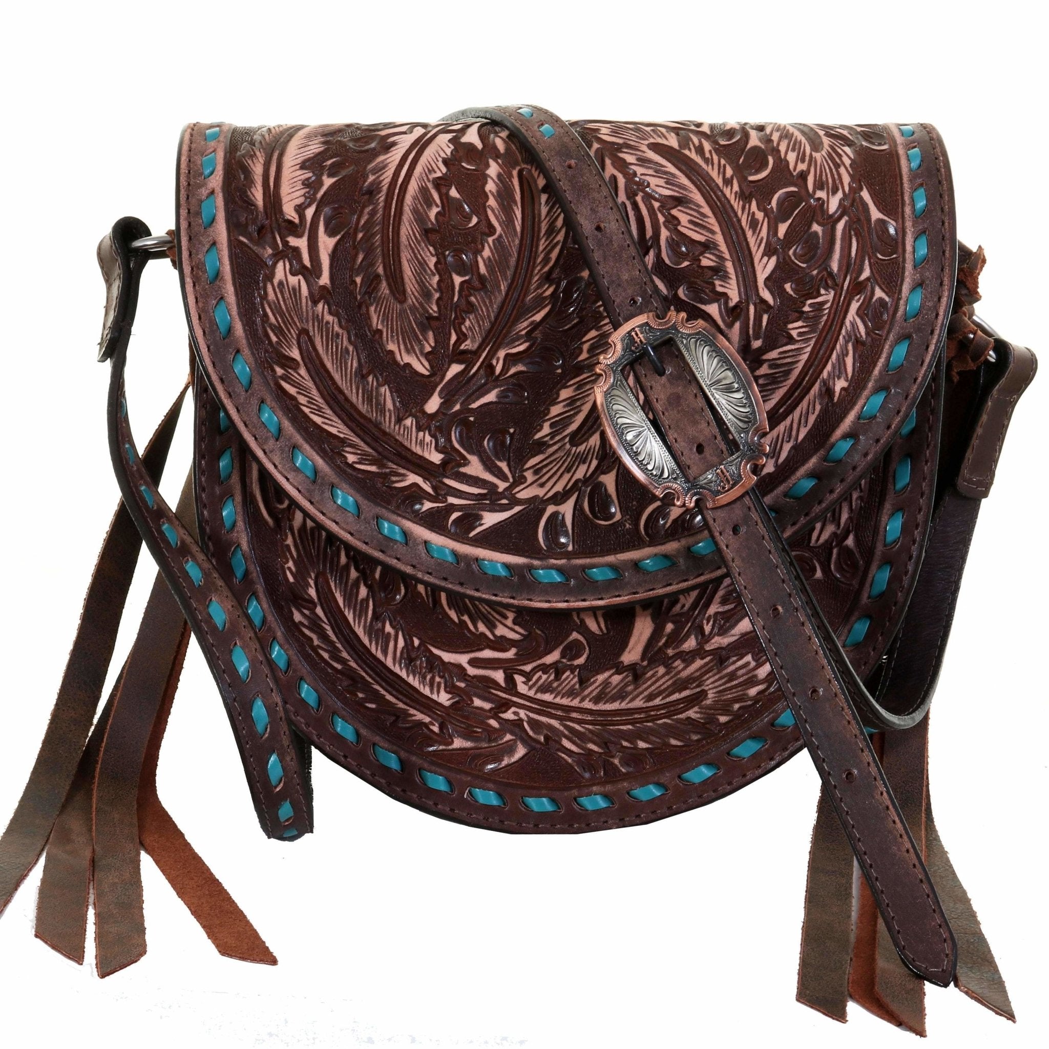 SB28 - Brown Vintage Feather Tooled Saddle Bag - Double J Saddlery