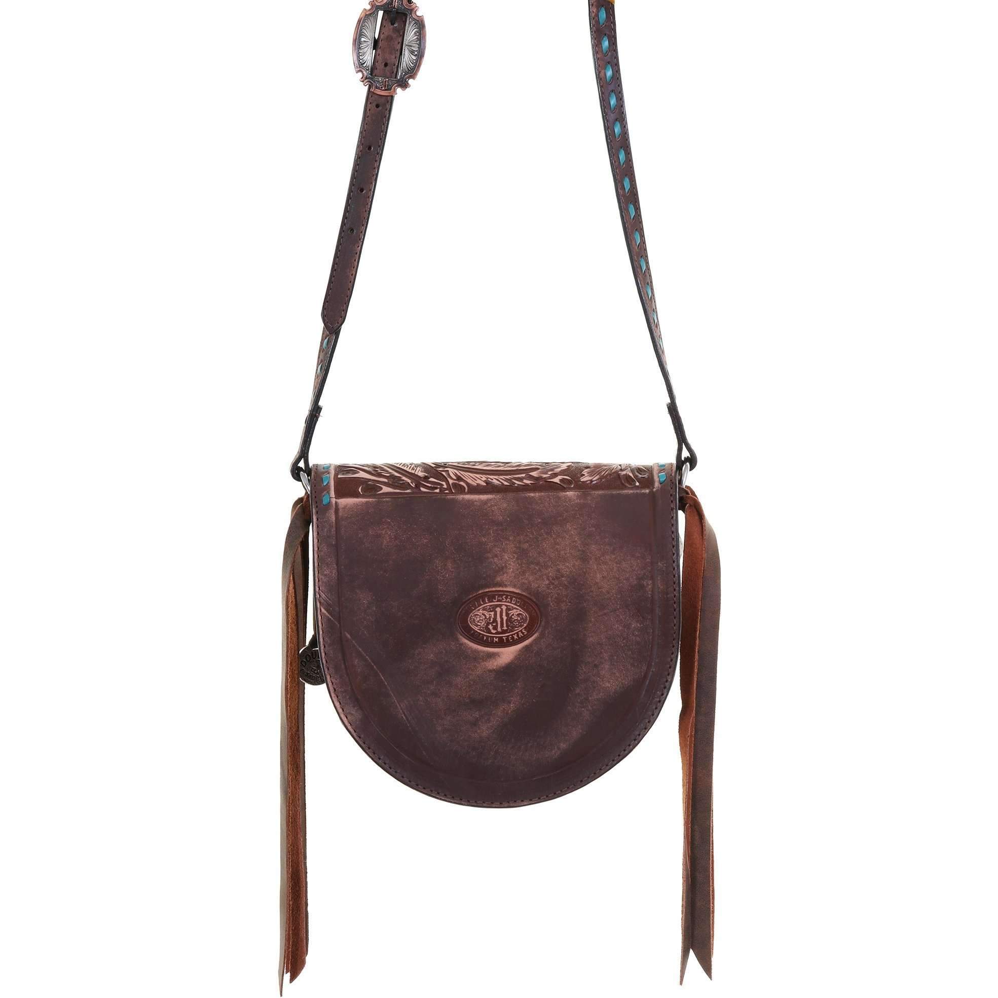 SB28 - Brown Vintage Feather Tooled Saddle Bag - Double J Saddlery