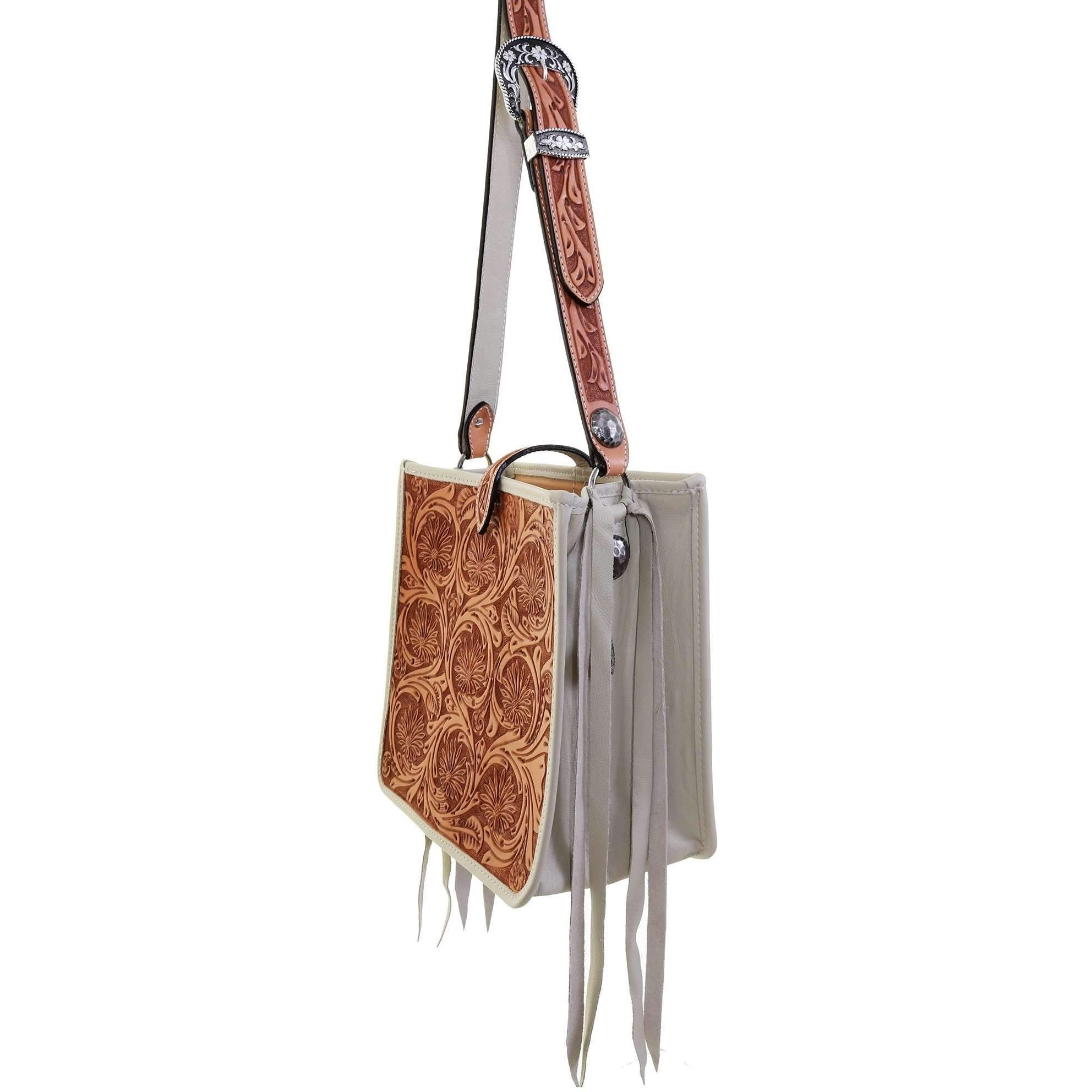 SQT03 - Natural Leather Daisy Tooled Square Tote - Double J Saddlery