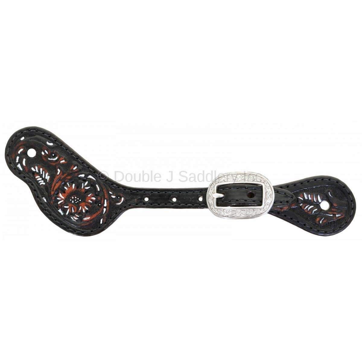 SS168A - Black Vintage Floral Tooled Spur Straps - Double J Saddlery