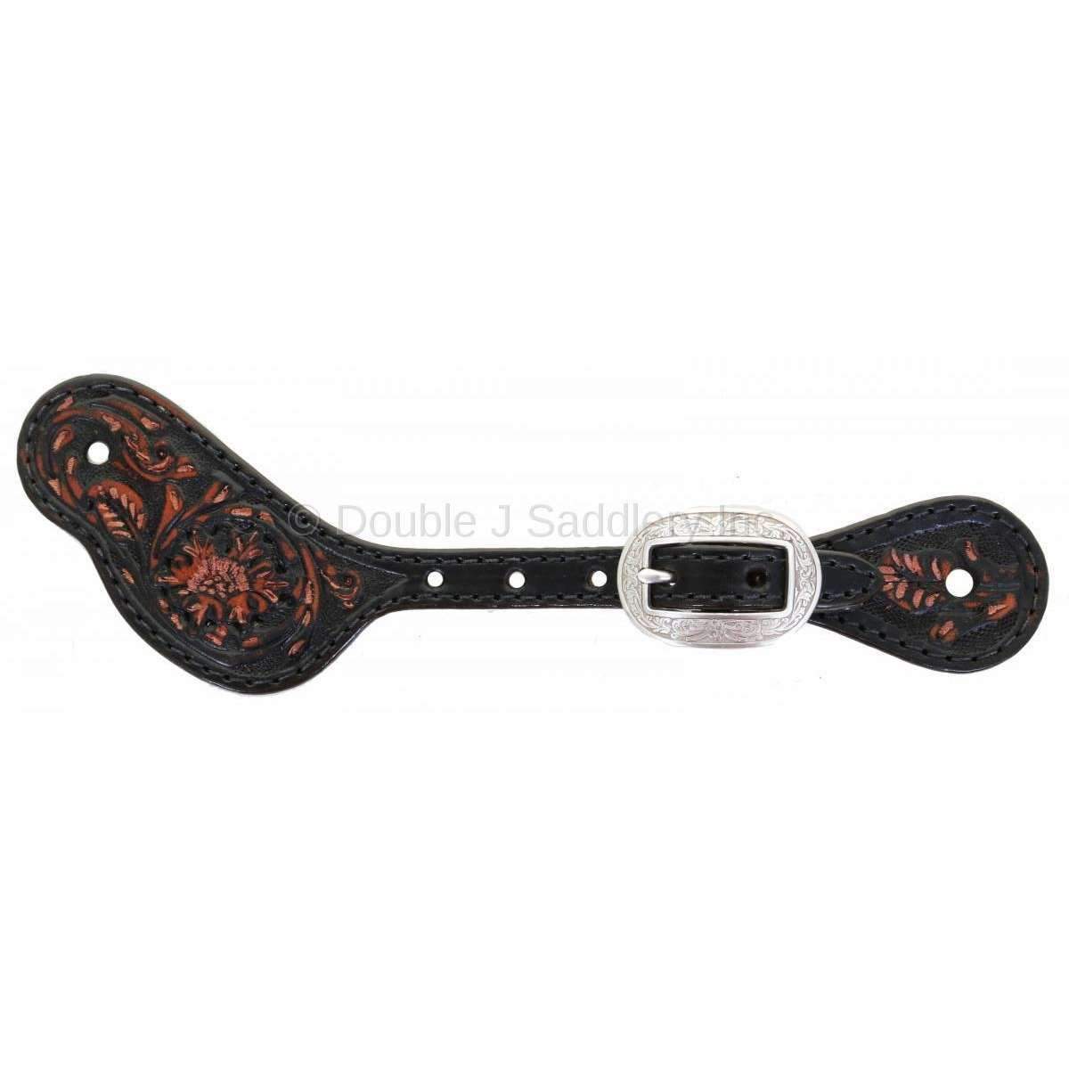 SS168C - Black Vintage Floral Tooled Spur Straps - Double J Saddlery