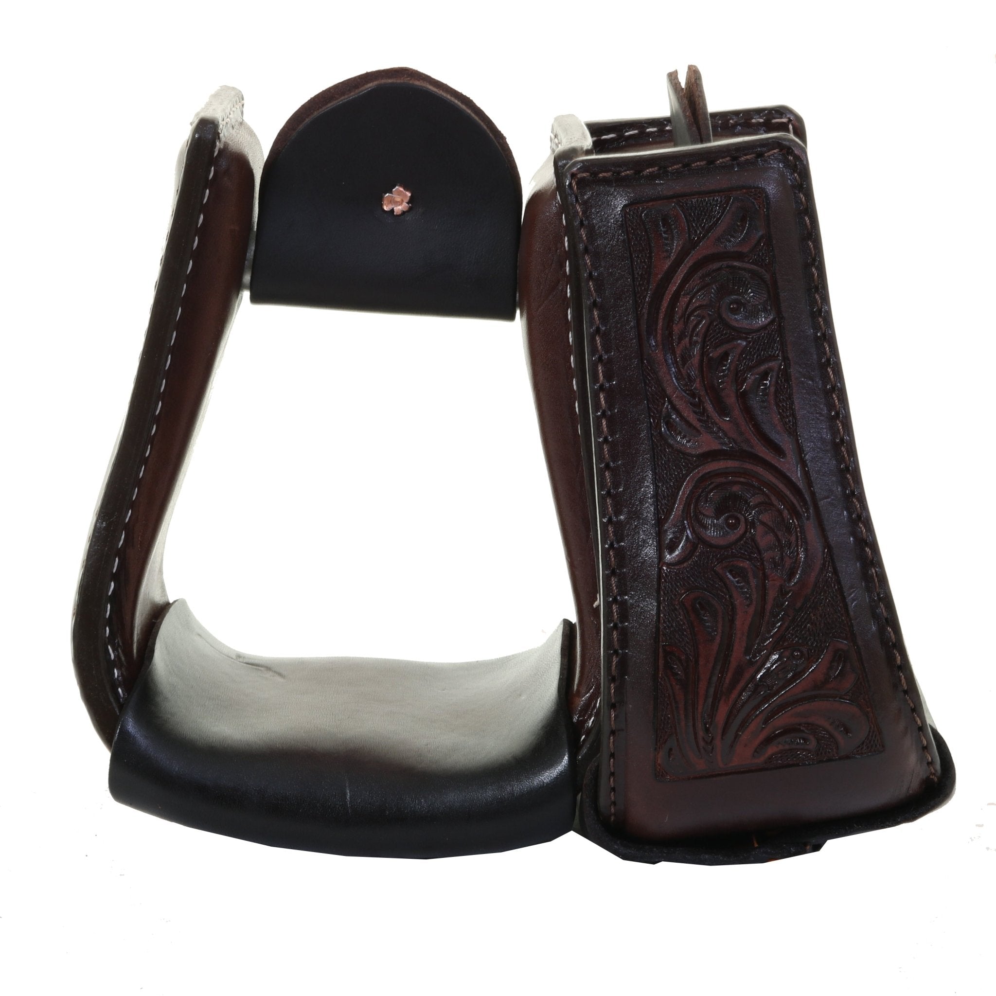 STU101 - Brown Vintage Tooled Stirrups - Double J Saddlery