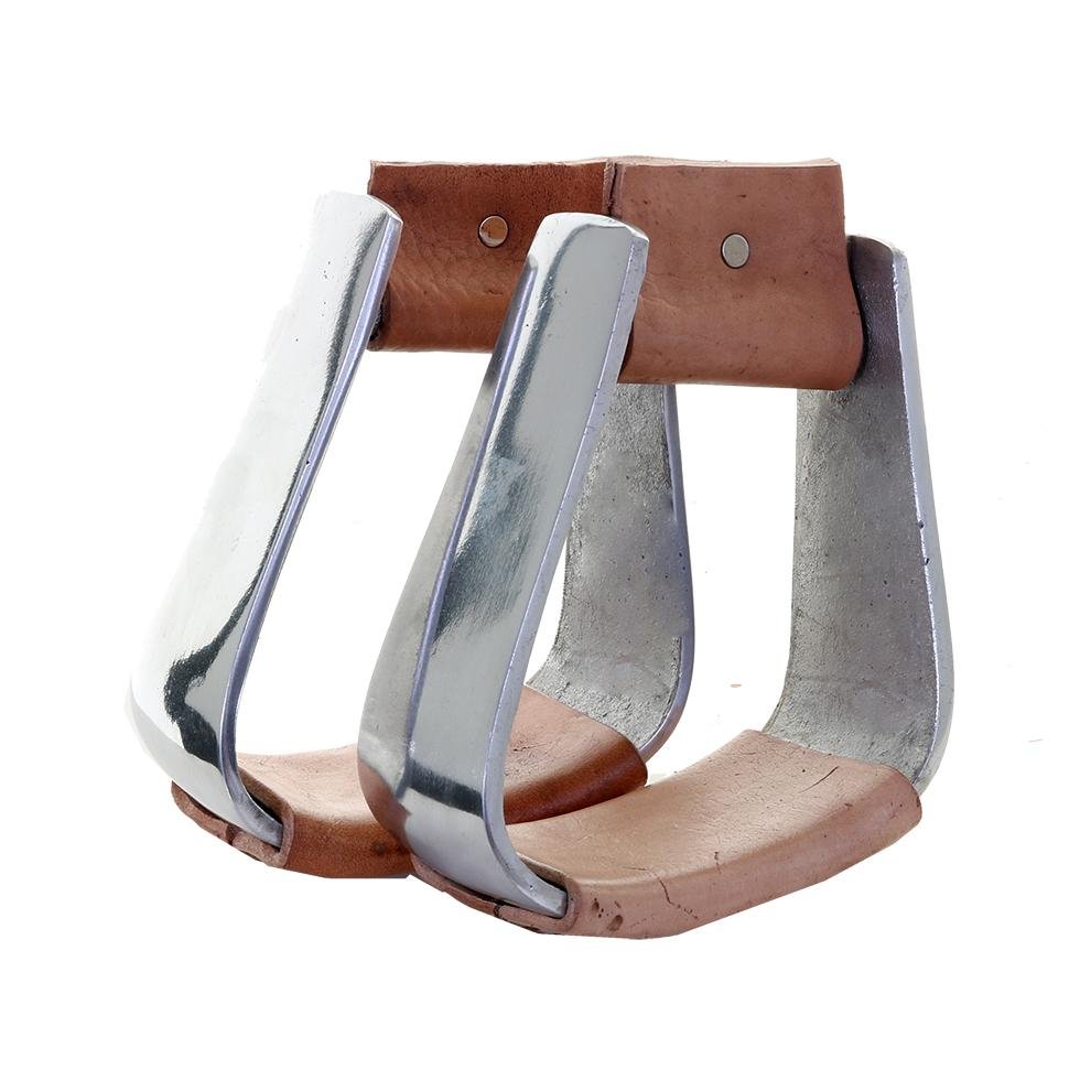STU35 - Sloped Aluminum Roper Stirrups With Leather Bottoms - Double J Saddlery