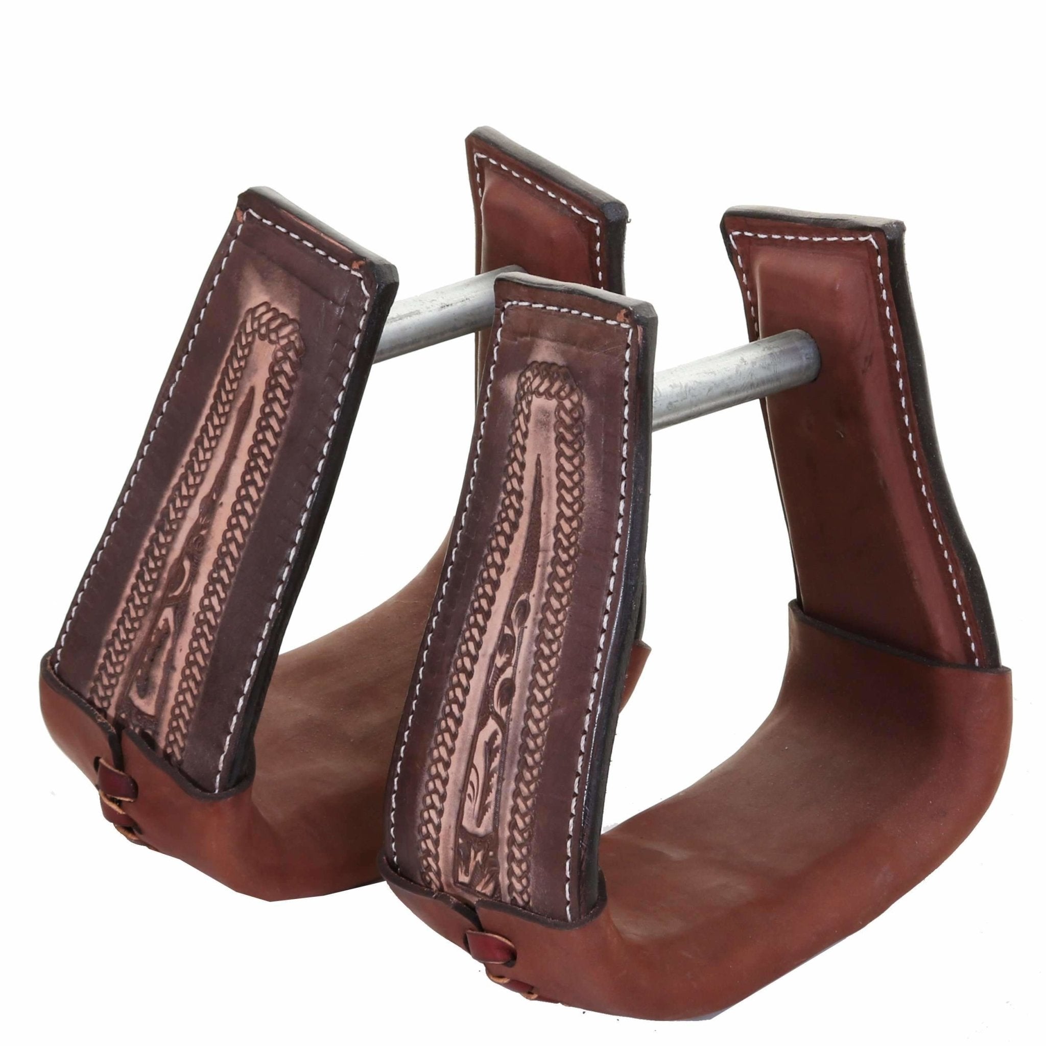 STU70 - Brown Vintage Braided Tooled Deep Roper Stirrups - Double J Saddlery