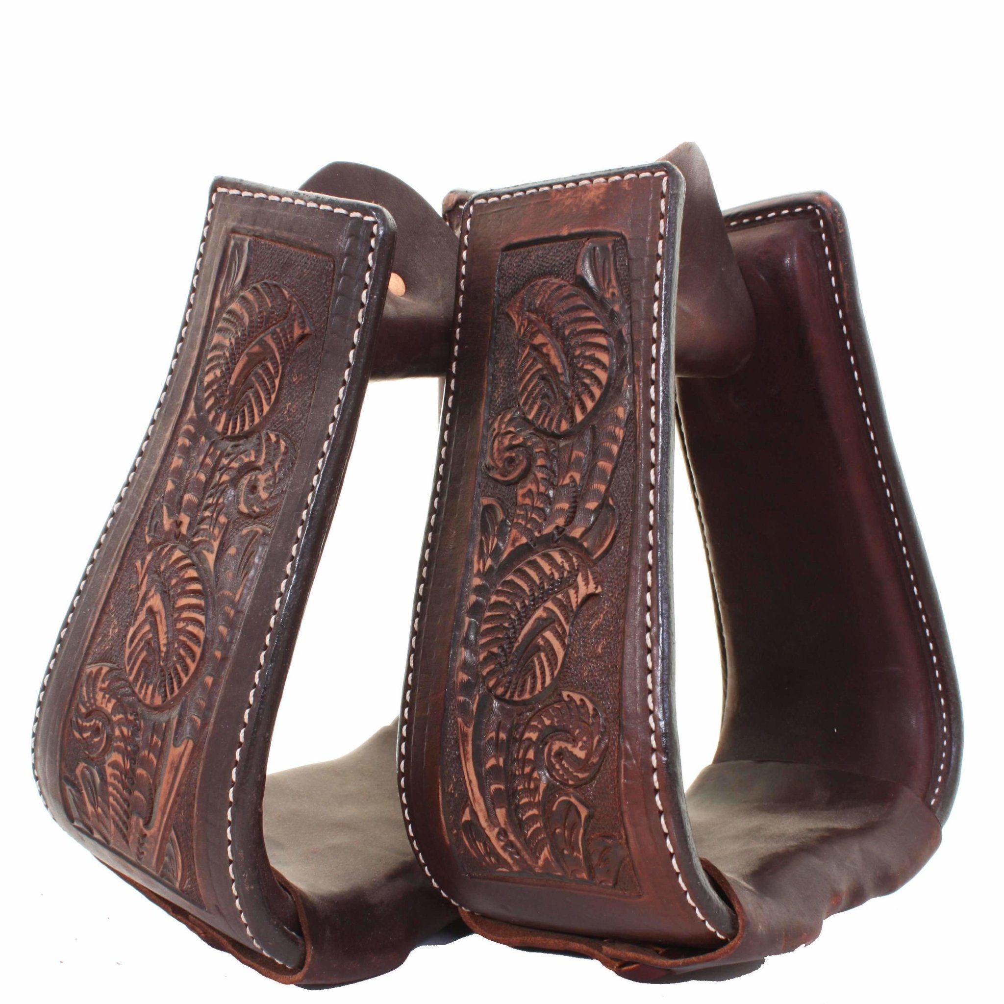 STU71 - Brown Vintage Floral Tooled Deep Roper Stirrups - Double J Saddlery