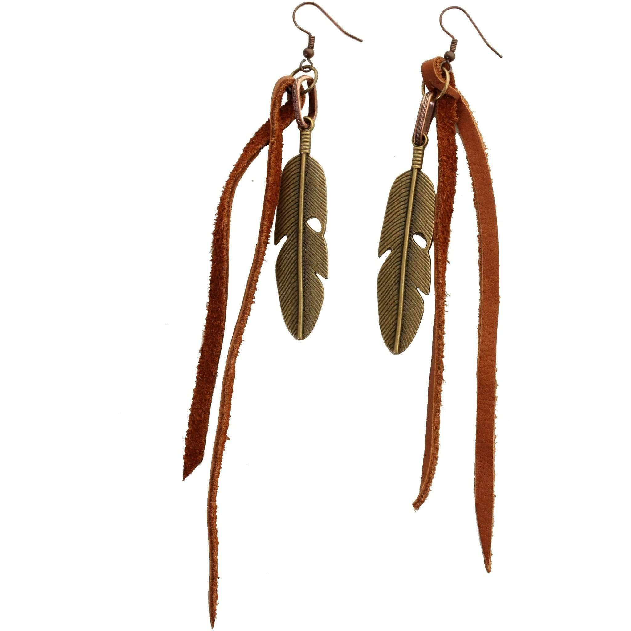 VE01 - Vestige Brandy Elk Skin and Feather Earrings - Double J Saddlery