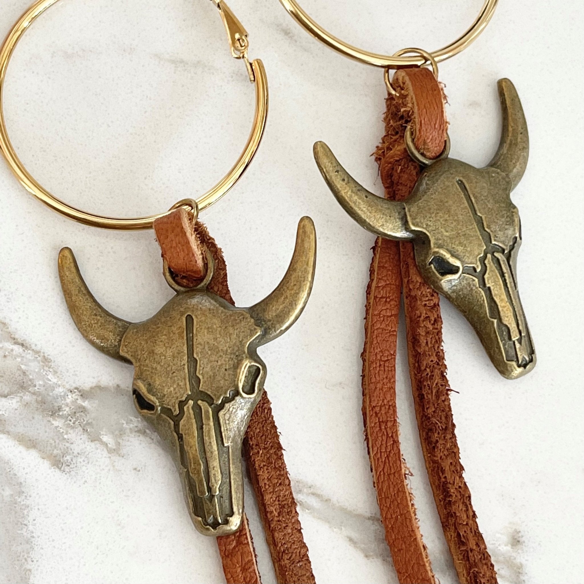 VE112 - Brass Steer Head Earrings - Double J Saddlery
