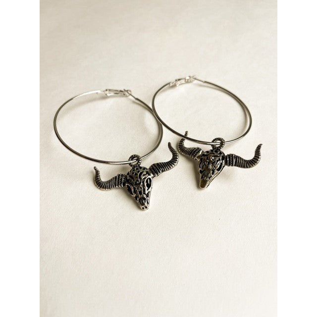 VE138- Big Silver Hoop Steer Earrings - Double J Saddlery