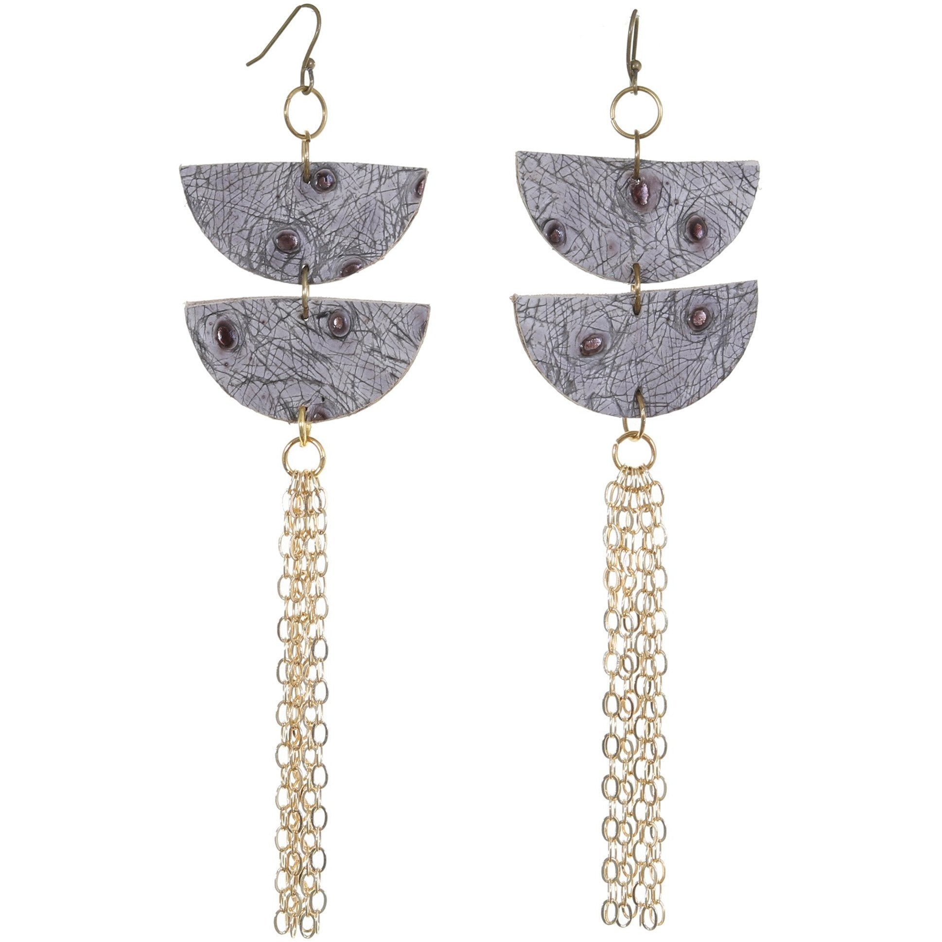 VE35 - Grey Ostrich Metallic Double Half Circle Earrings - Double J Saddlery