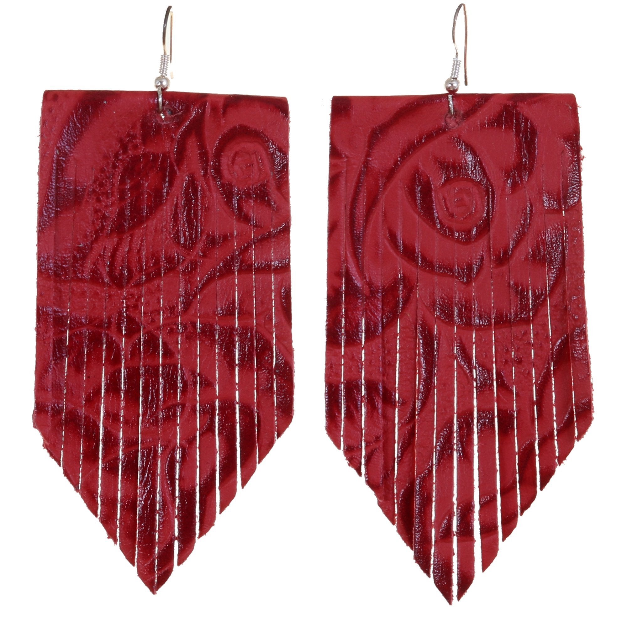 VE48 - Vestige Red Rose Leather V Fringe Earrings - Double J Saddlery