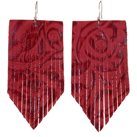 VE48 - Vestige Red Rose Leather V Fringe Earrings - Double J Saddlery