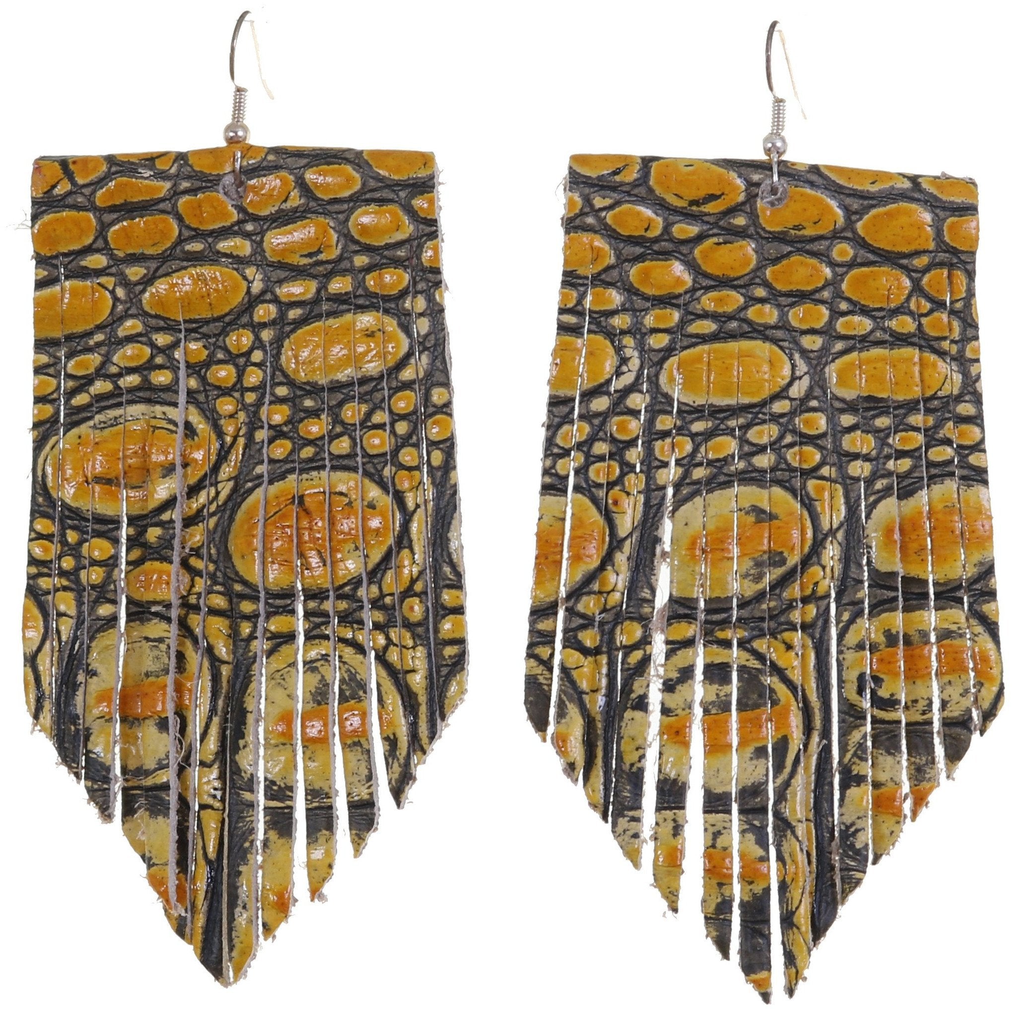 VE49 - Vestige Canary Yellow Gator Print Leather V Fringe Earrings - Double J Saddlery