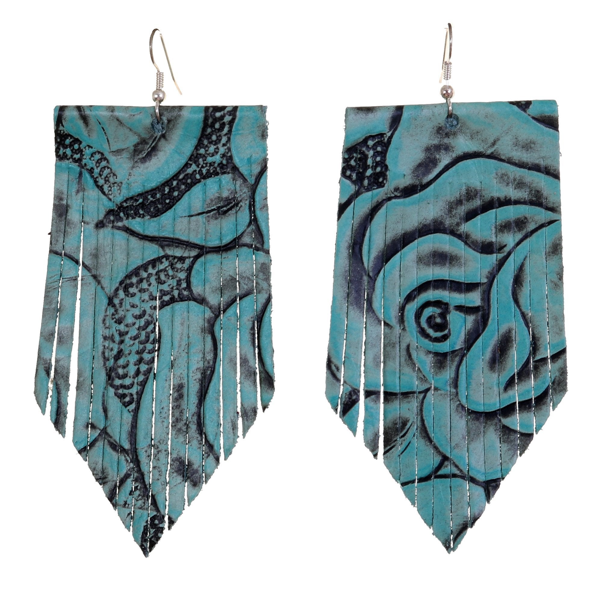 VE50 - Vestige Turquoise Antique Rose Leather V Fringe Earrings - Double J Saddlery