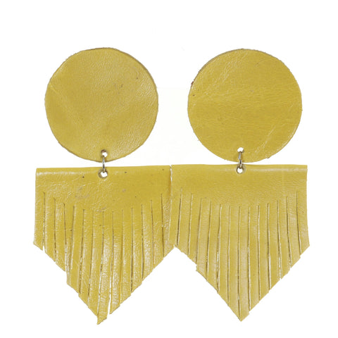 VE59A - Vestige Short Yellow Leather Circle and V Fringe Leather Earrings - Double J Saddlery