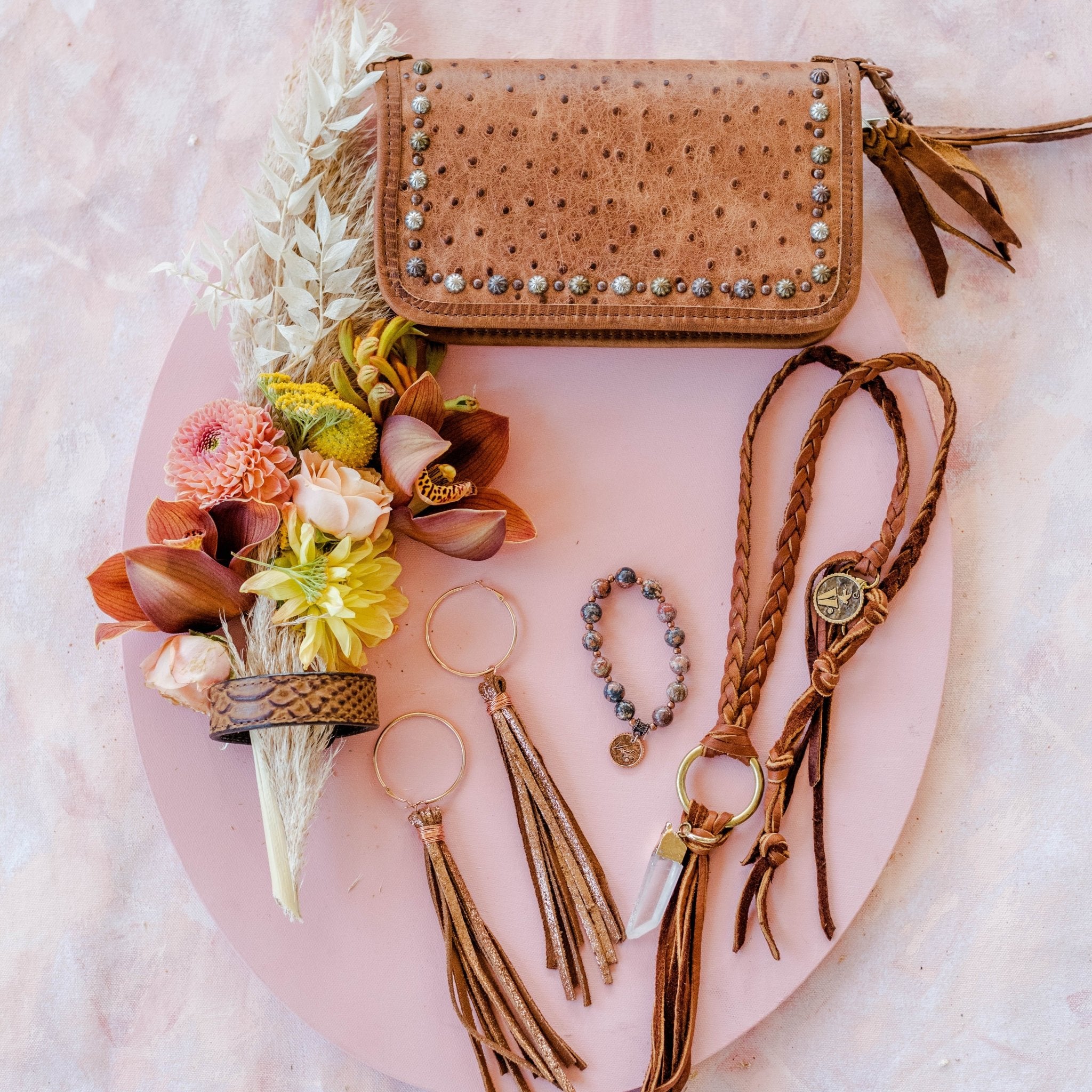 VE74 - Vestige Rose Gold Tassel Leather Earrings - Double J Saddlery