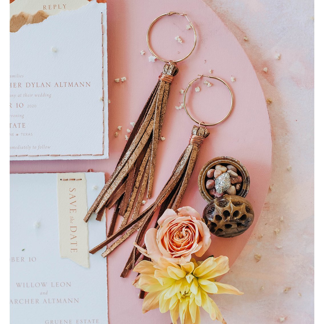 VE74 - Vestige Rose Gold Tassel Leather Earrings - Double J Saddlery