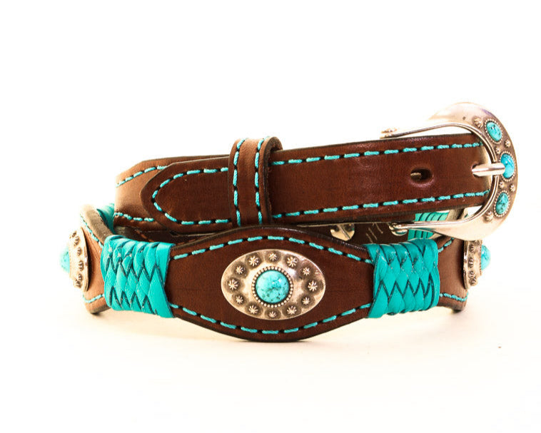 Brown leather dog collar with turquoise braided design and decorative elements on a white background