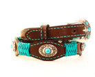 Brown leather dog collar with turquoise braided design and decorative elements on a white background