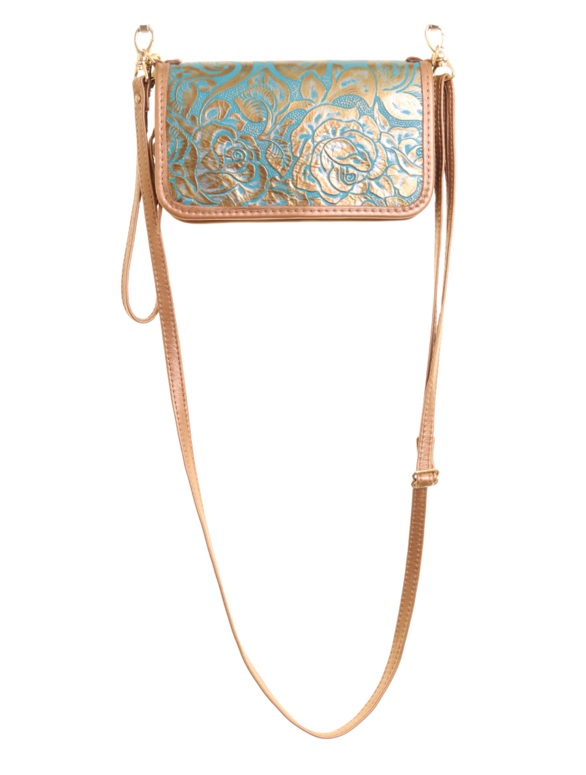 Small pouch with floral pattern and rose gold strap on a white background
