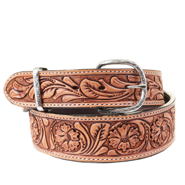 B032 - Natural Leather Floral Tooled Belt - Double J Saddlery B032 - Natural Leather Floral Tooled Belt - Double J Saddlery