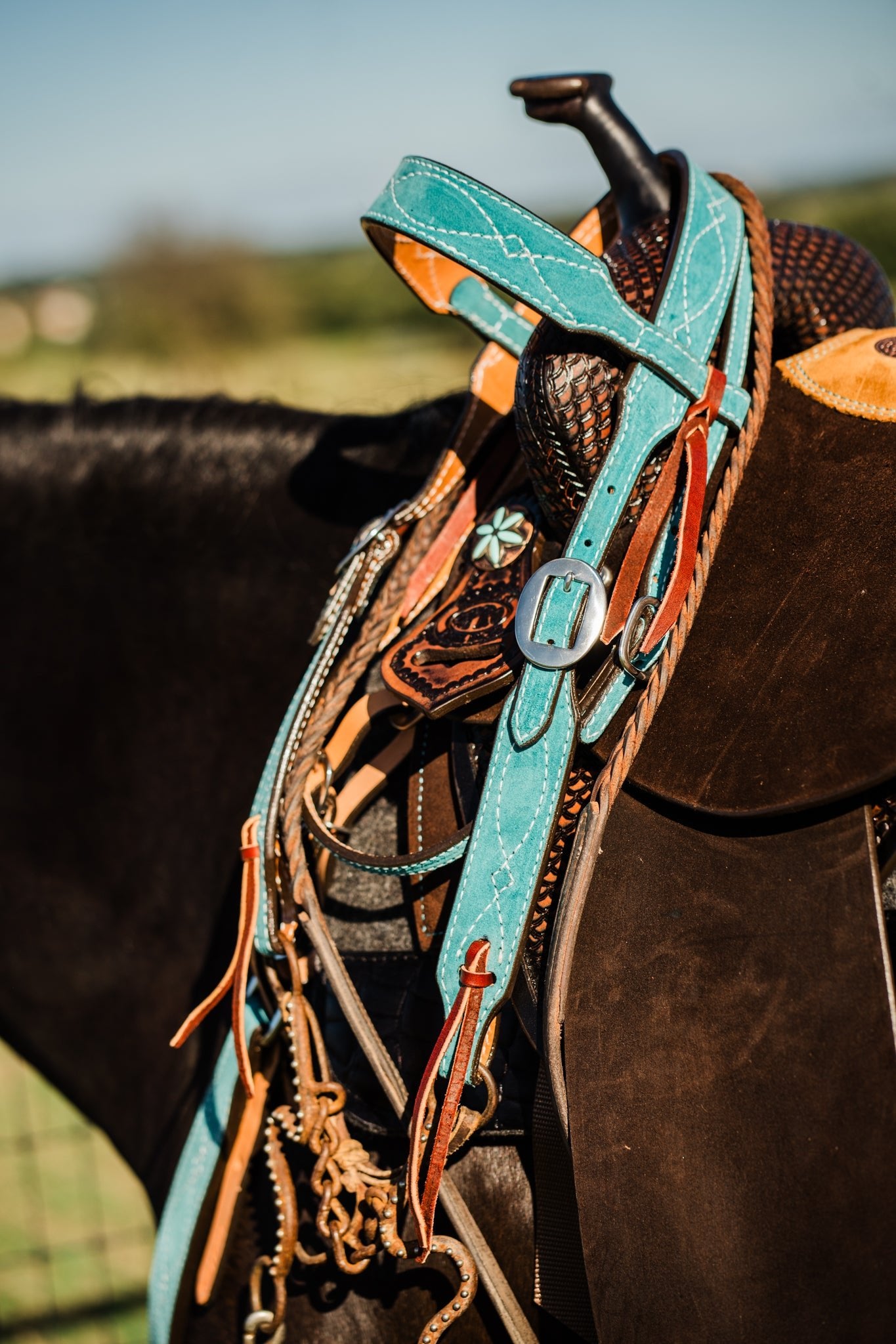 H1283TGW - Turquoise Green Suede Headstall - Double J Saddlery