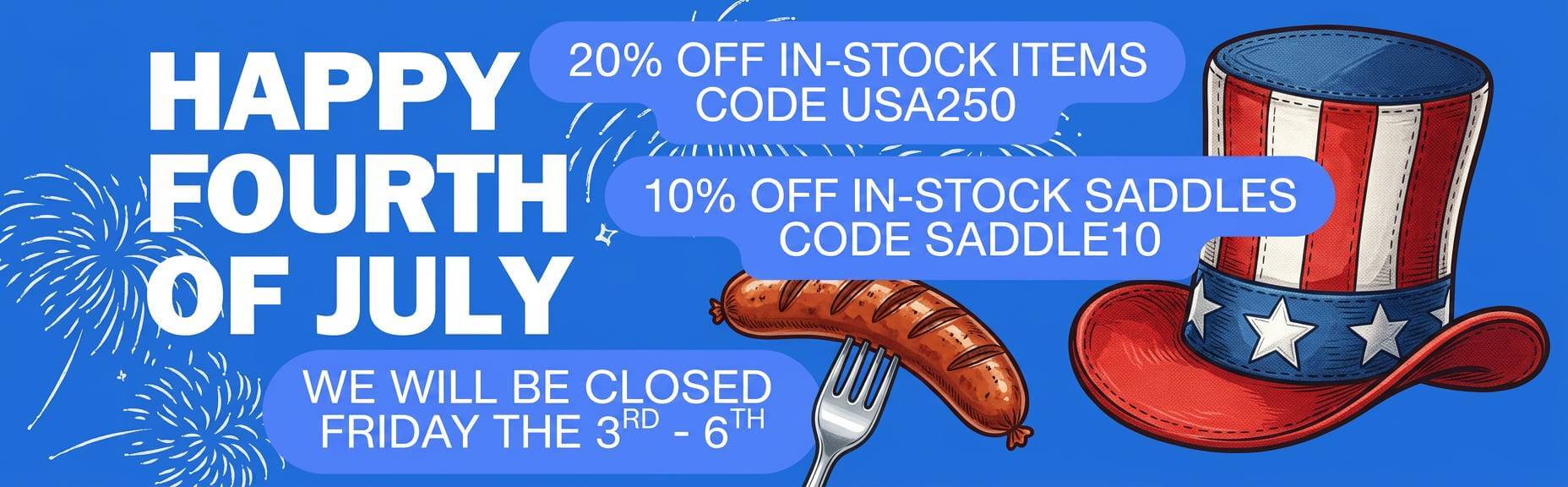 Fourth of July sale banner with discount codes and store closure notice, featuring fireworks, an Uncle Sam hat, and a grilled sausage.