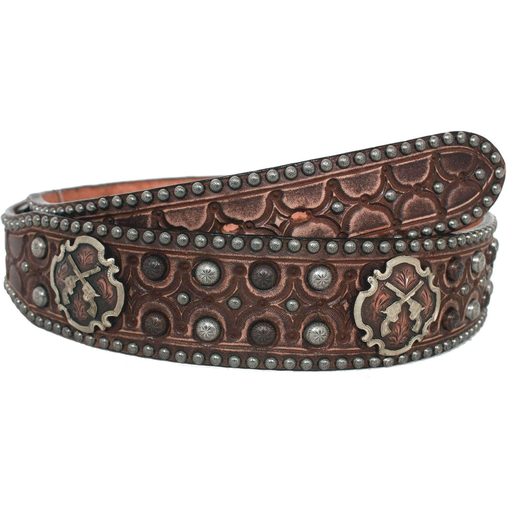 Western mens leather tooled belt cowboy leather studded circle cross brown  NOS