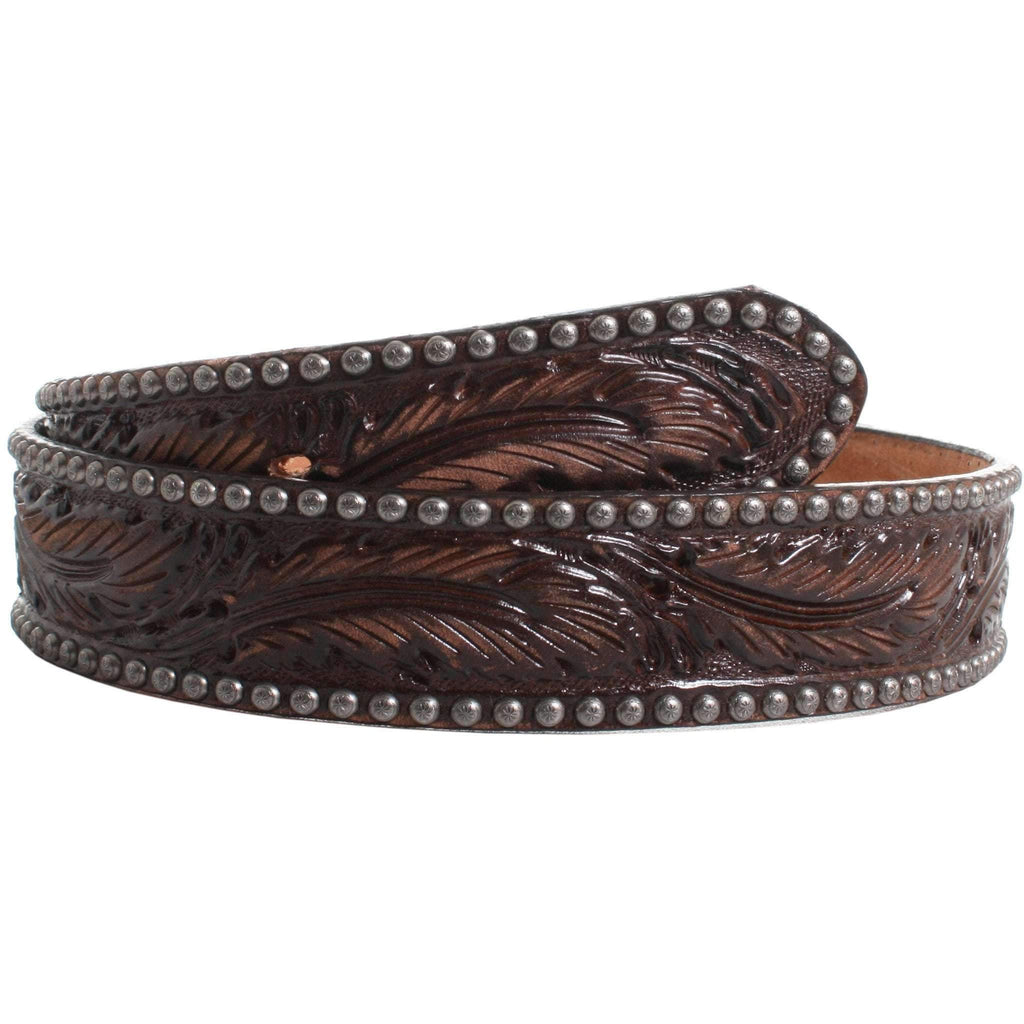 B022A - Brown Vintage Feather Tooled Belt Belt