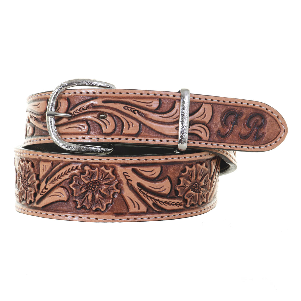 B027C - Floral Tooled Tapered Belt with Initials - Double J Saddlery