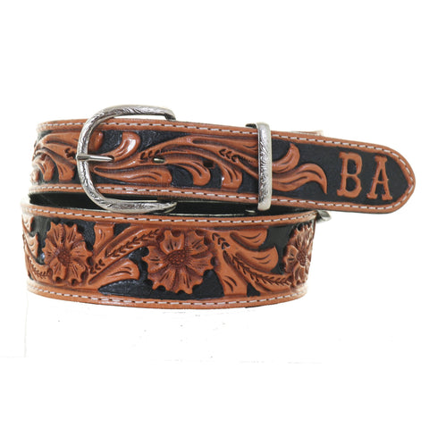 B027D - Floral Tooled Tapered Belt with Initials - Double J Saddlery
