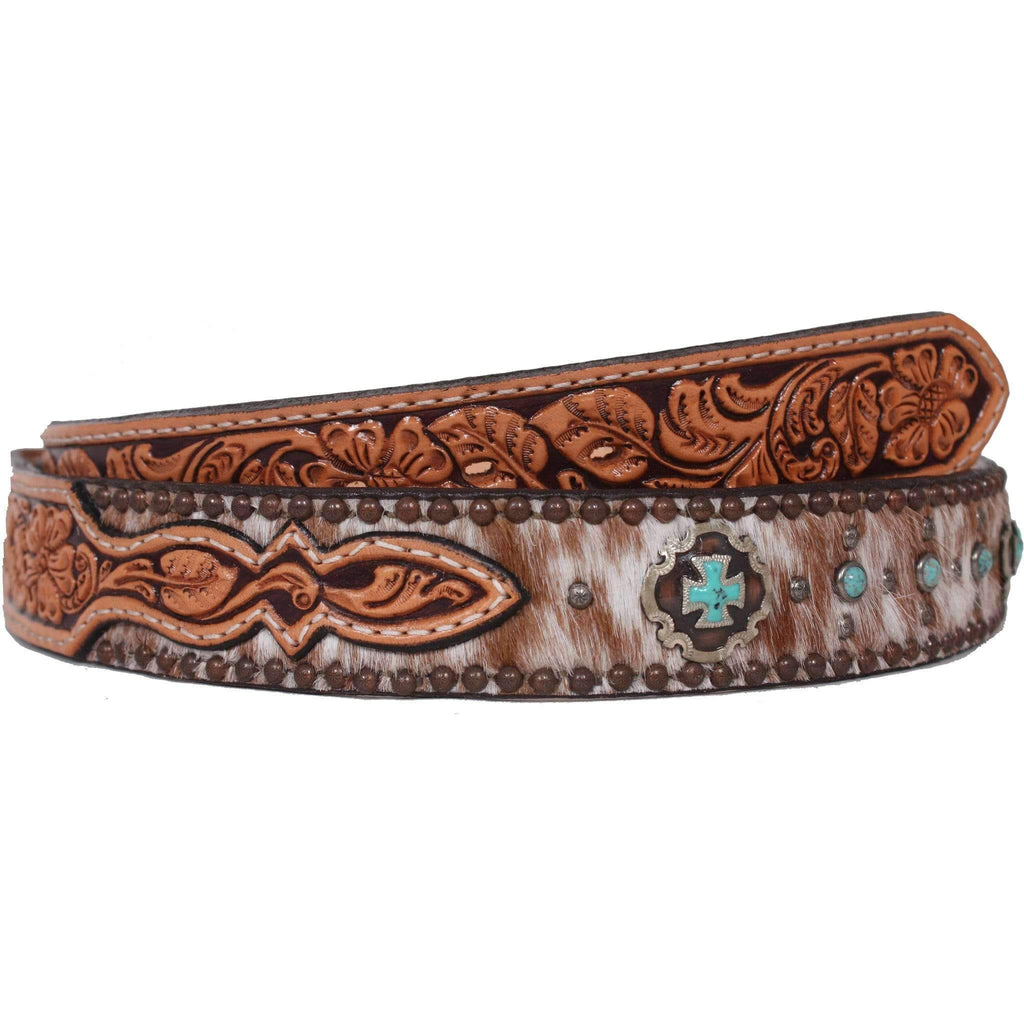 B038 - Roan Hair and Floral Tooled Belt - Double J Saddlery