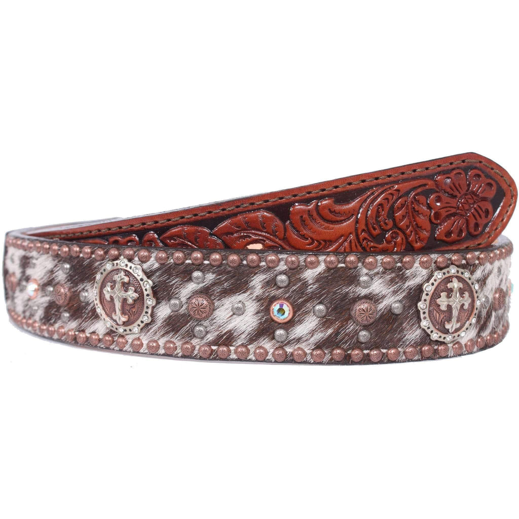 B044 - Roan Hair and Floral Tooled Belt - Double J Saddlery